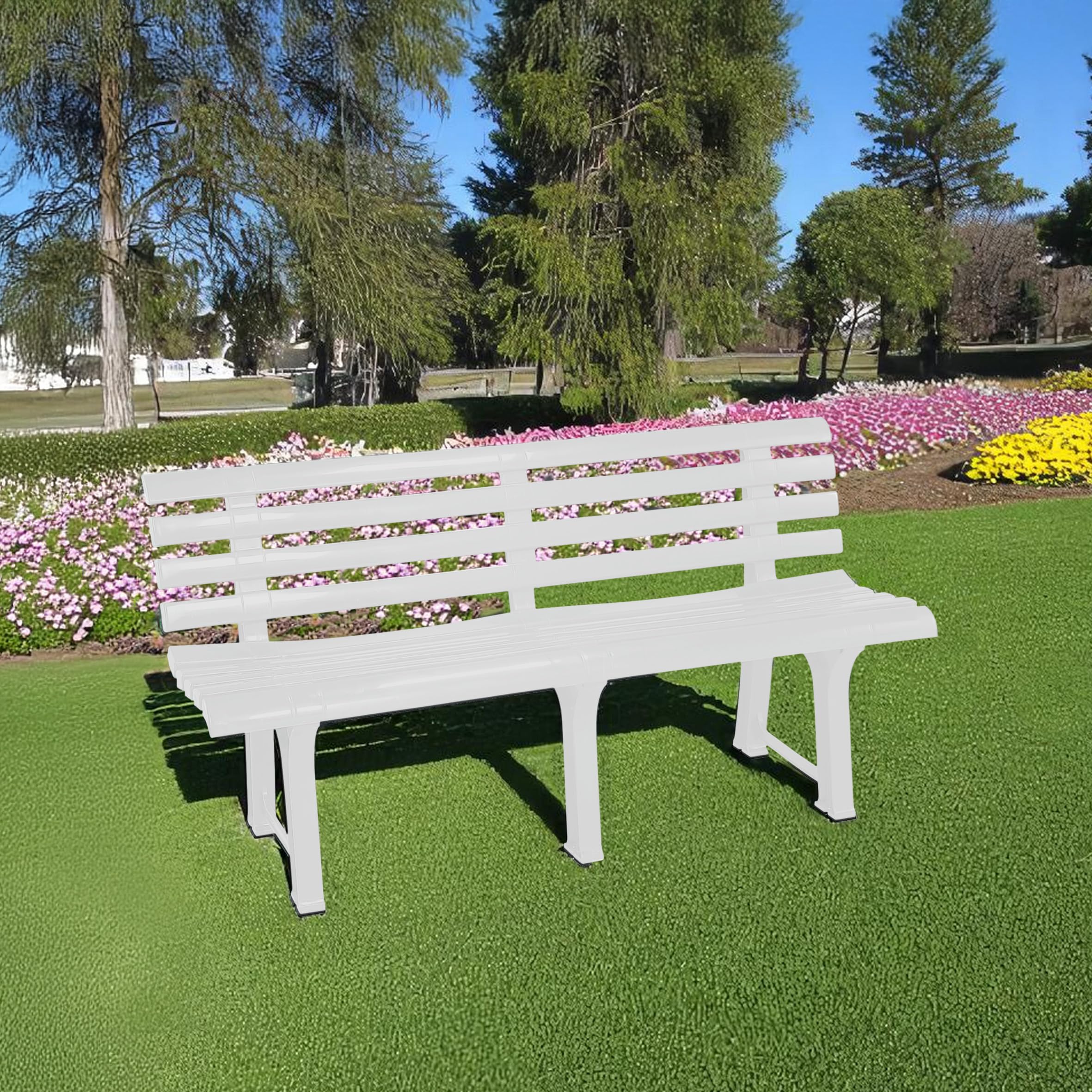 Spetebo Banco de jardín de plástico de 3 plazas 145 x 74 cm – blanco – Banco de jardín con respaldo resistente a la intemperie 200 kg de carga – Banco de jardín para exteriores sin reposabrazos para 3