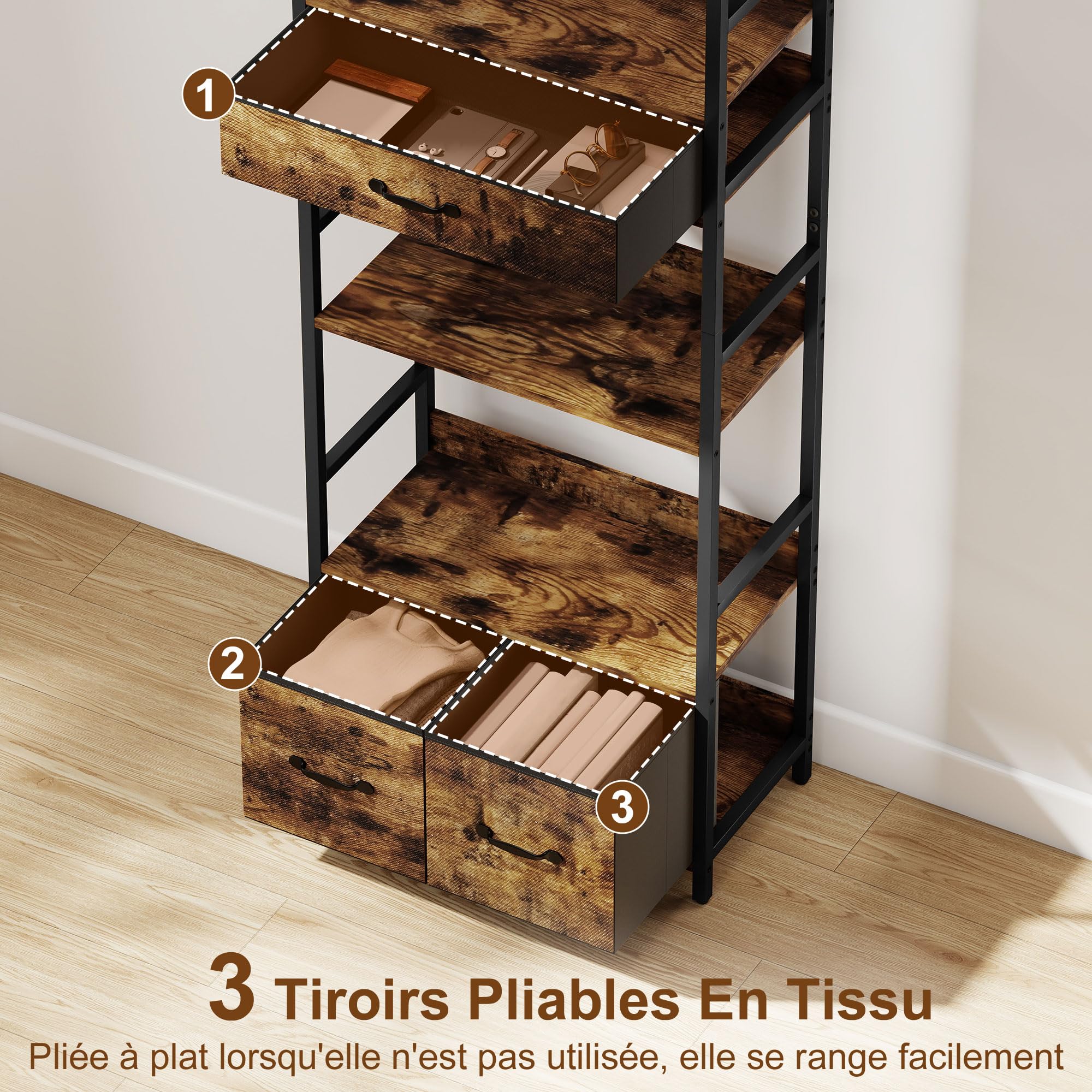 HOMCOM Scaffale industriale 6 livelli, 60x30x176 cm, Marrone Ruggine | 4 ripiani, 3 cassetti in tessuto, ampio scaffale, portapiante, per soggiorno, home office, camera da letto