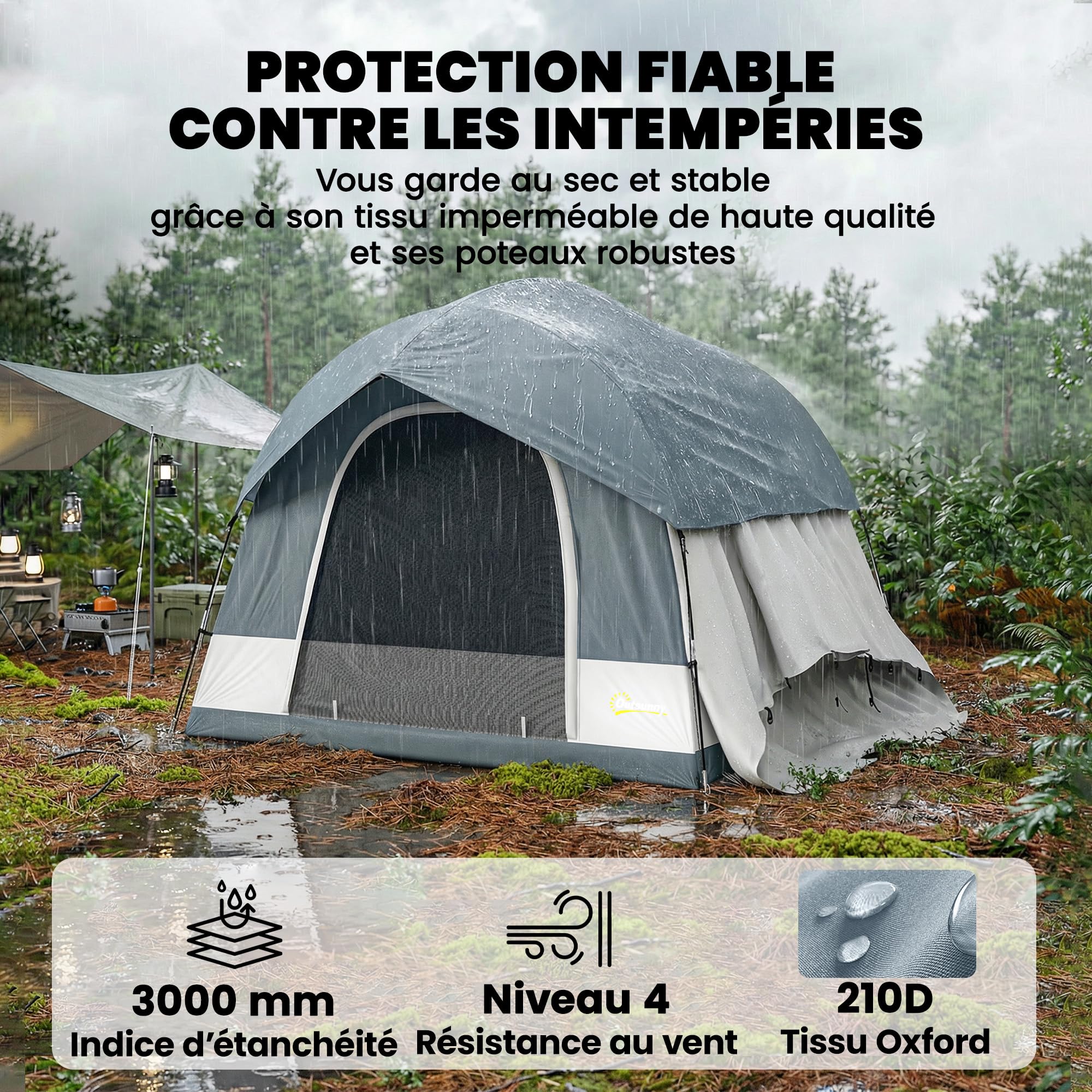 Outsunny Tente de Camping Facile à Monter 2-4 Personnes avec 3 Portes, Imperméable, Compatible avec SUV, avec Double-Toit Amovible, Tapis de Sol et Sac de Transport, Bleu Foncé