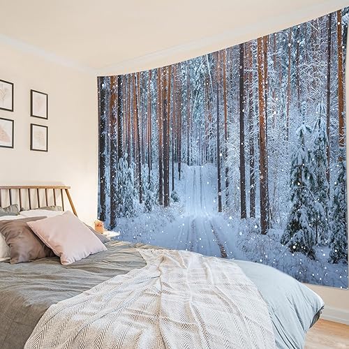 Miniatura 4 de LB Tapiz de bosque de invierno, árbol de pino marrón y verde de Navidad con copo de nieve, tapiz de pared para dormitorio, escena de nieve de