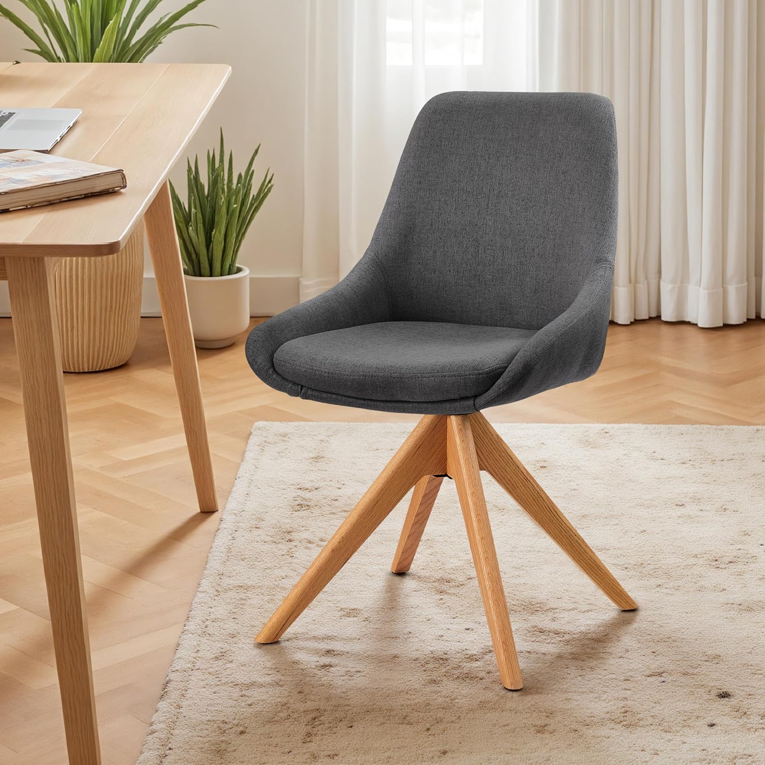 Art Leon Mid Century Modern Desk Chair No Wheels, Swivel Upholstered Armchair with Solid Wood Legs for Home Office, Fabric, Blue