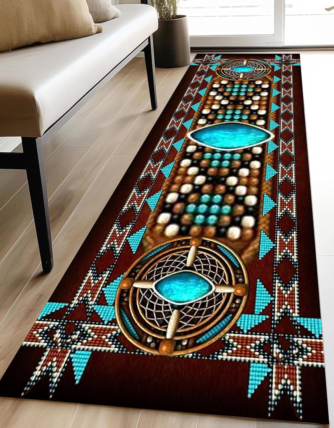 Southwestern Kitchen Rug 2x10ft, Tribal Native American Indian Rustic Runner Rug, Washable Kitchen Mat Geometric Cushioned Floor Mats for Hallways Entryway Laundry Room Kitchen Brown Blue