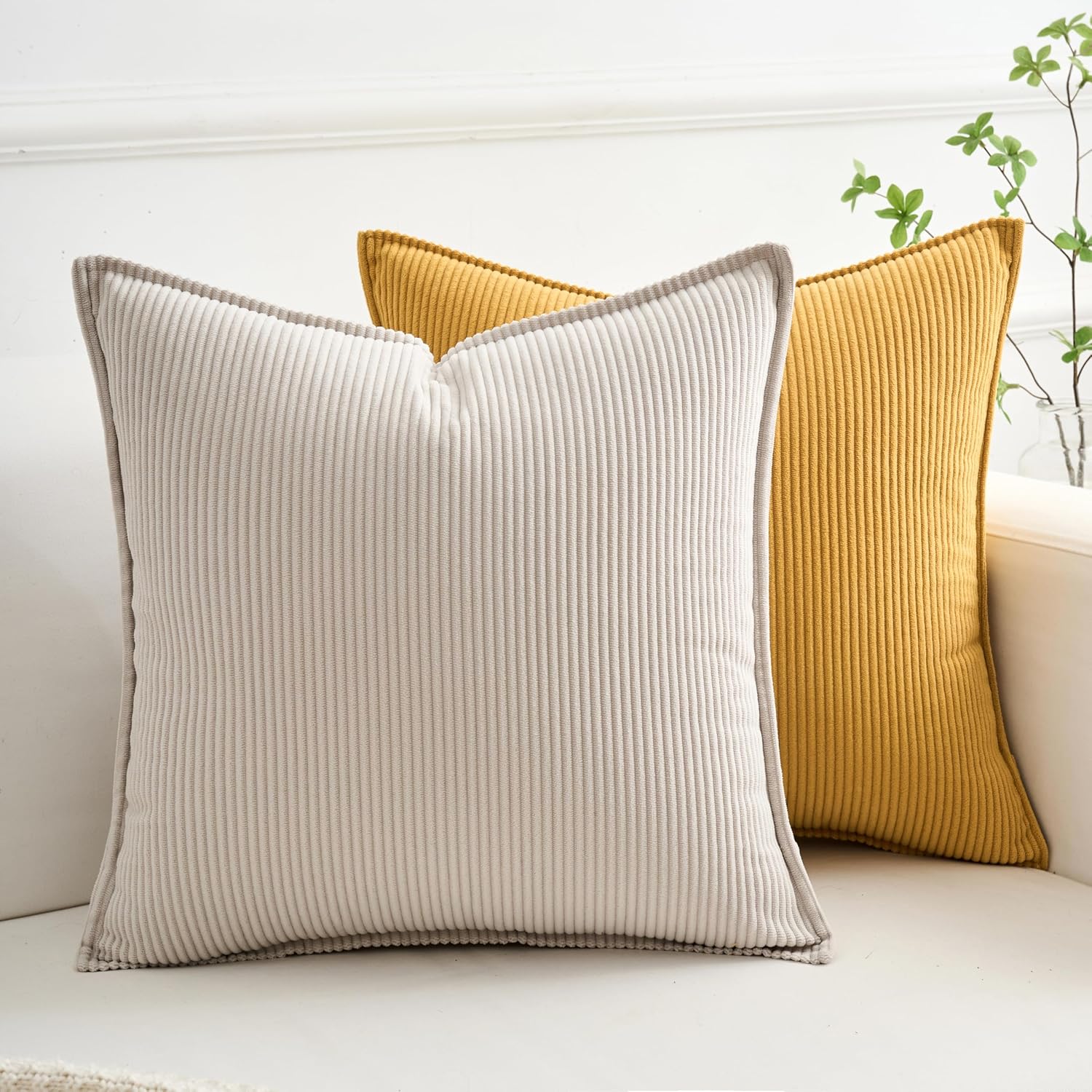 Pack of 4 Couch Throw Pillow Covers 18x18 Inch Accent Soft Corduroy Striped Pillow Cases Decorative Soft Square Farmhouse Boho Cushion Covers For Home Decor Sofa Bedroom Living Room Blush Rose Yellow