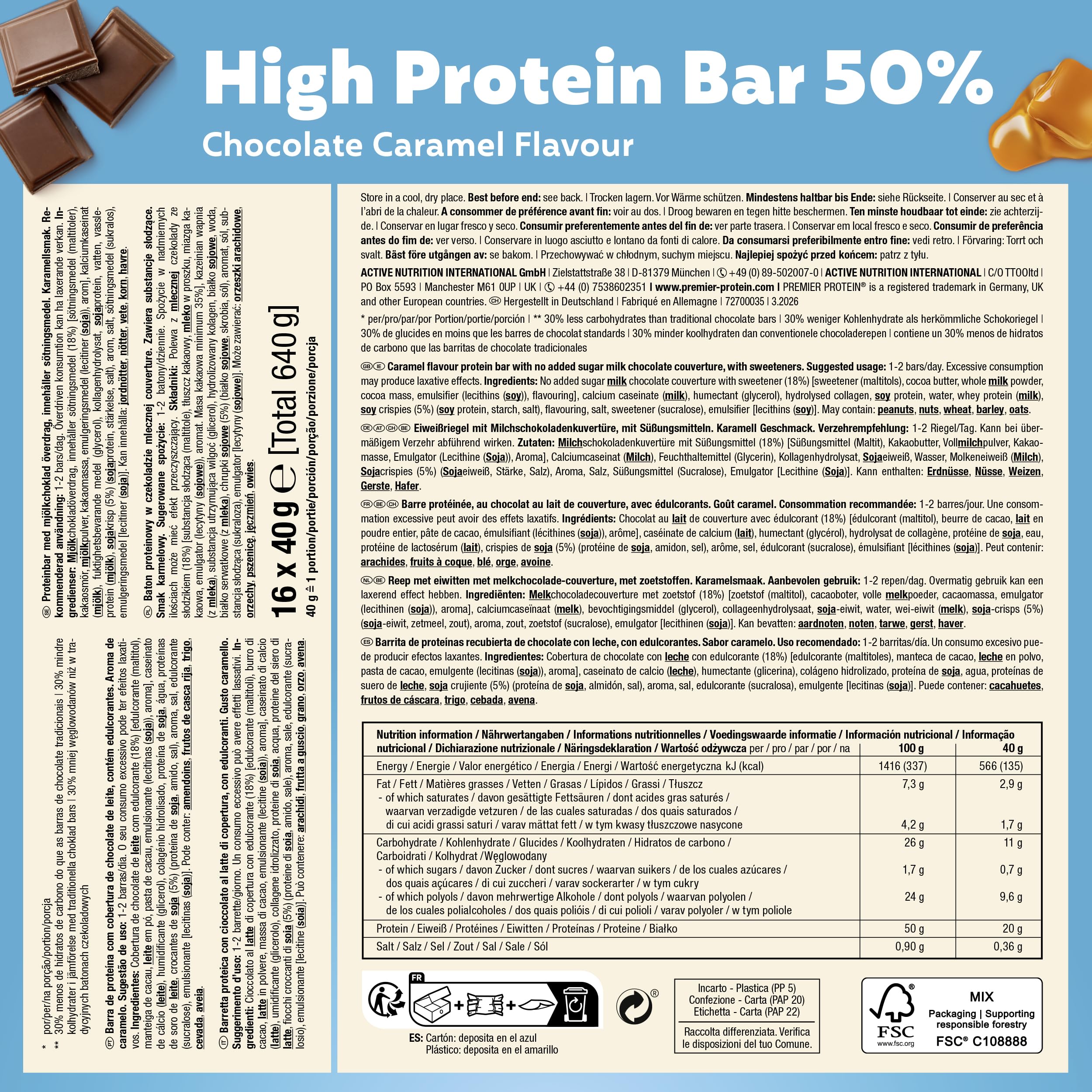 Premier Protein - High Protein Bar 50% - Chocolate Caramel - 16x40g - Low Sugar - Low Carb - palmölfrei – Ansicht 2