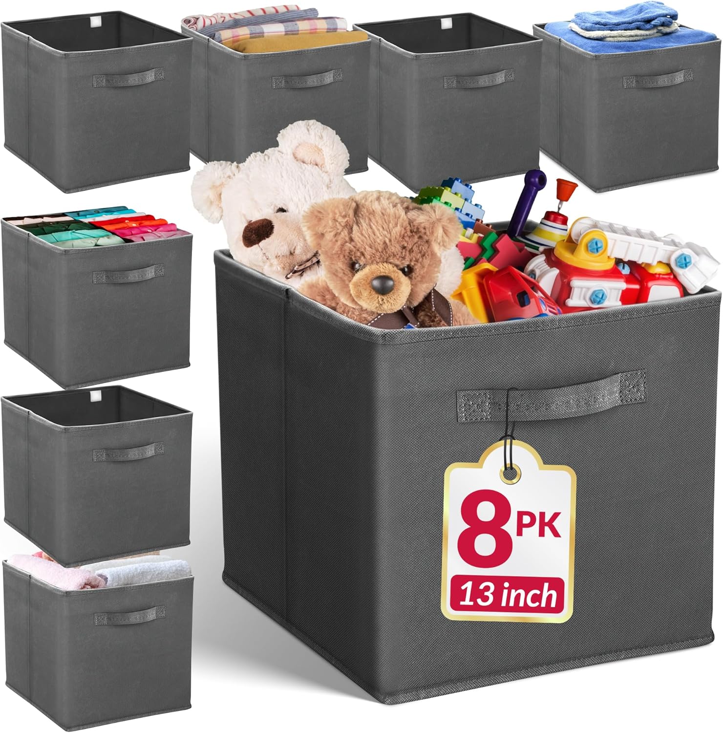 Reli. 13x13x13 Storage Cube Bins (8 Pack) | Large Cube Organizer Bins | 13x13 Fabric Storage Boxes | Fits Kallax | Collapsible, Foldable Fabric Cubby Box (Square) | Kids Room Organization (Dark Gray)