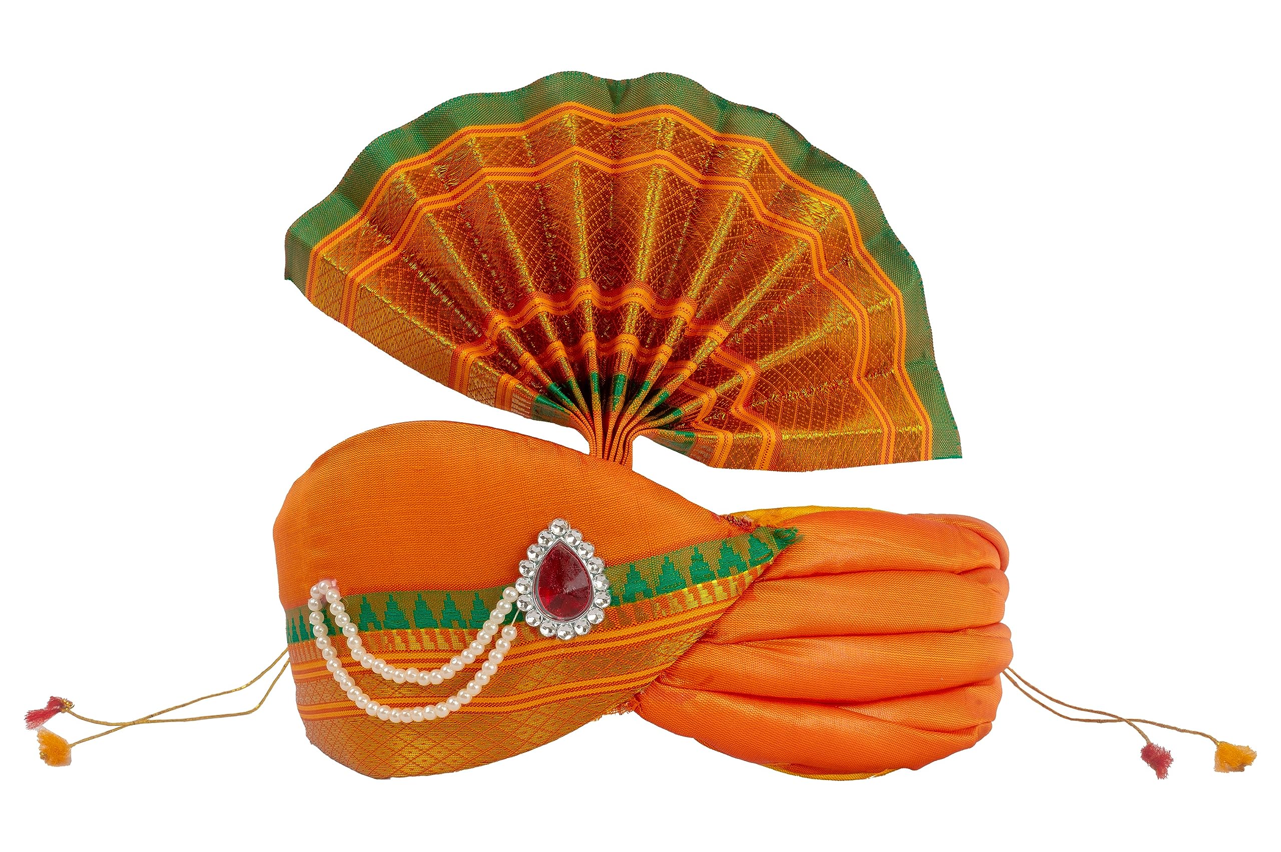 PUNYATVA Ganesh Feta Mukut (Turban, Silk, Orange) / Adjustable Ganesh Pheta, Gauri Ganpati Festival Decoration Accessories, Jewellery, Crown, Makhar, Traditional Pagdi, God Idol Headgear