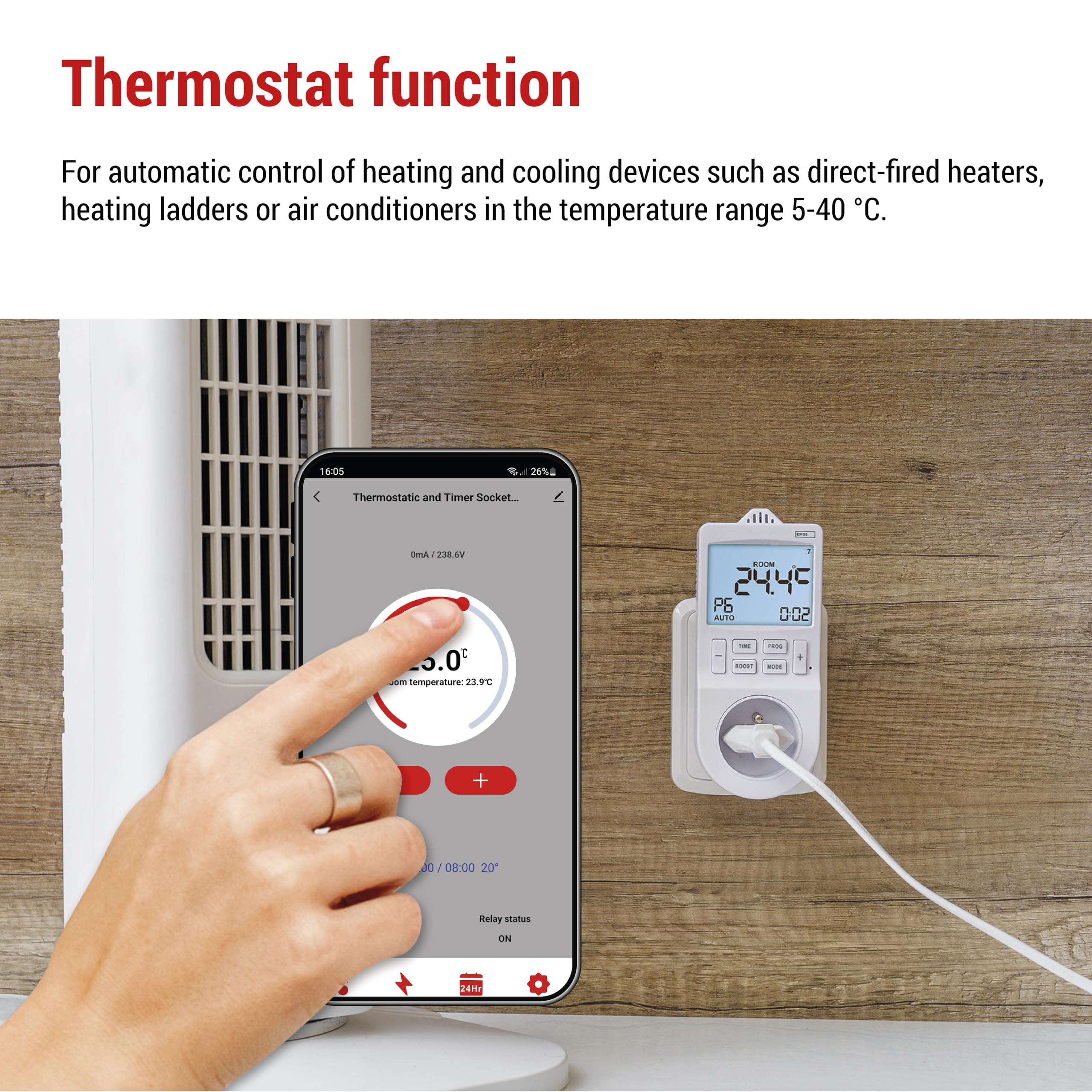 EMOS GoSmart - Thermostat et minuterie de Prise 2en1 avec app - régulateur de température ambiante numérique Smart Home et Prise de Courant avec minuterie pour Le Chauffage et la climatisation