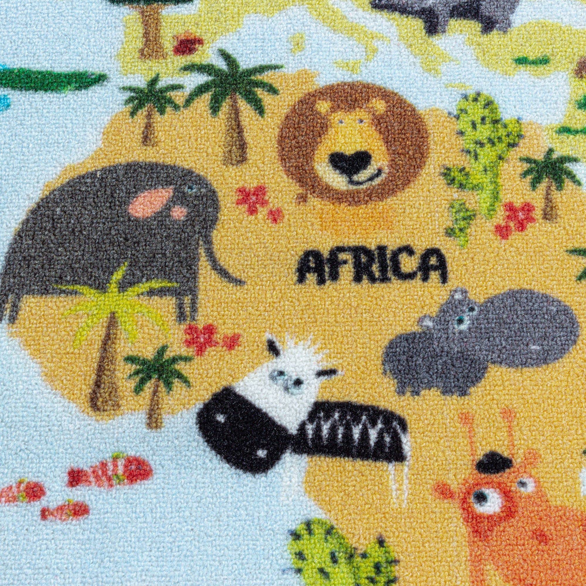 Tapis Rectangulaire pour Enfant, Bleu, Carte du Monde avec Motif Animalier, 100 x 150 cm