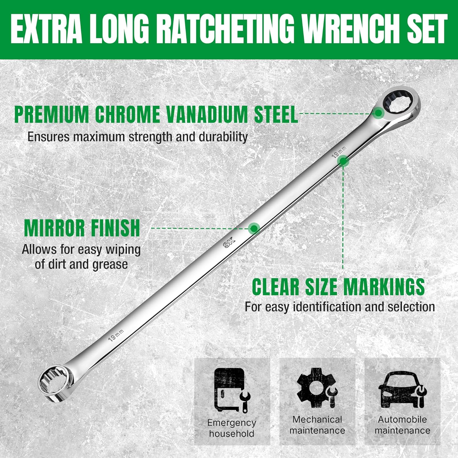 SK Extra Long Ratcheting Wrench Set, Double Box End Wrench Set, 12-Piece, Metric, 8 mm to 19 mm, 72-Tooth, Premium CR-V Construction, with Rolling Pouch