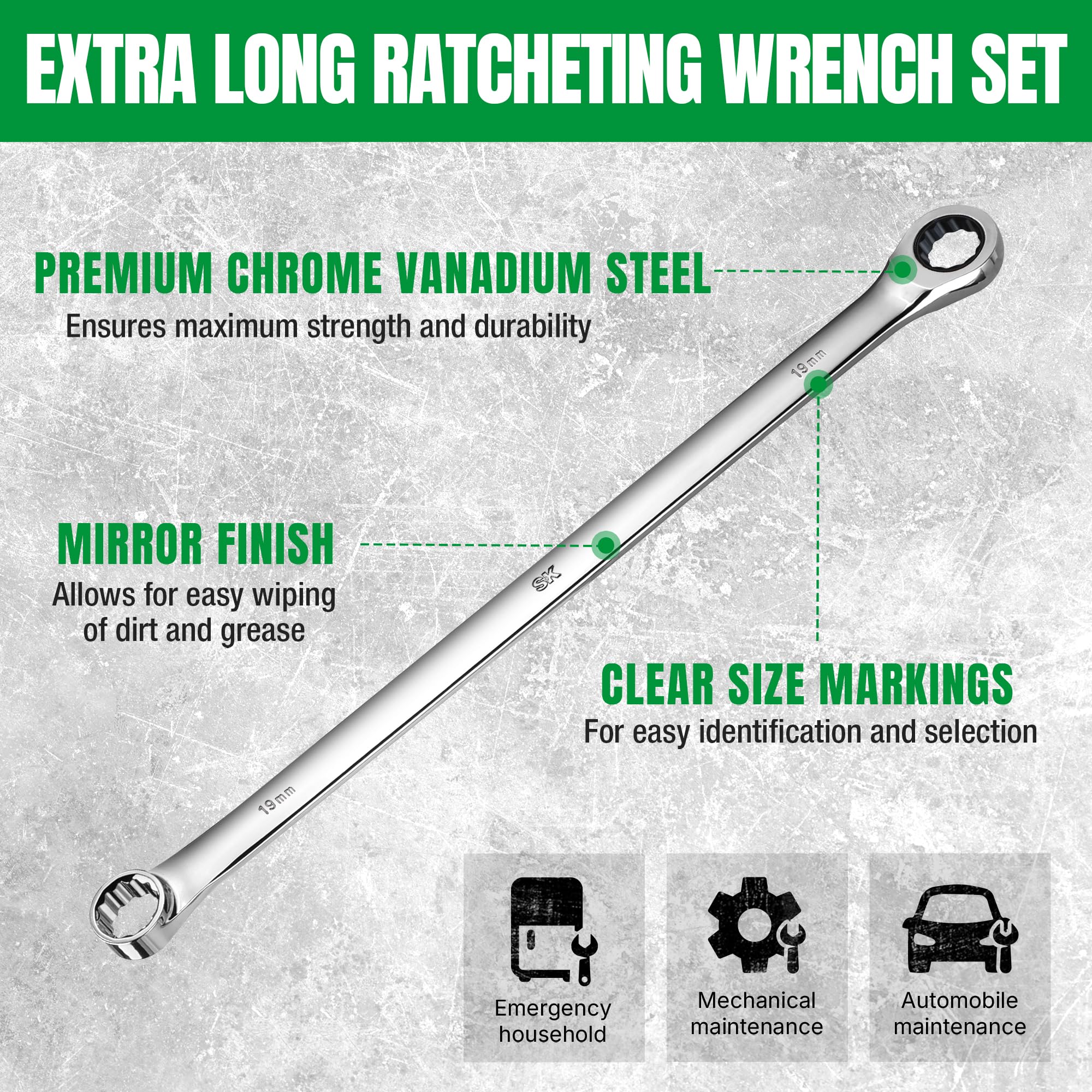 SK Ratcheting Wrench Set - Long Handle, Metric 8-19mm -3 SK Ratcheting Wrench Set - Long Handle, Metric 8-19mm -3