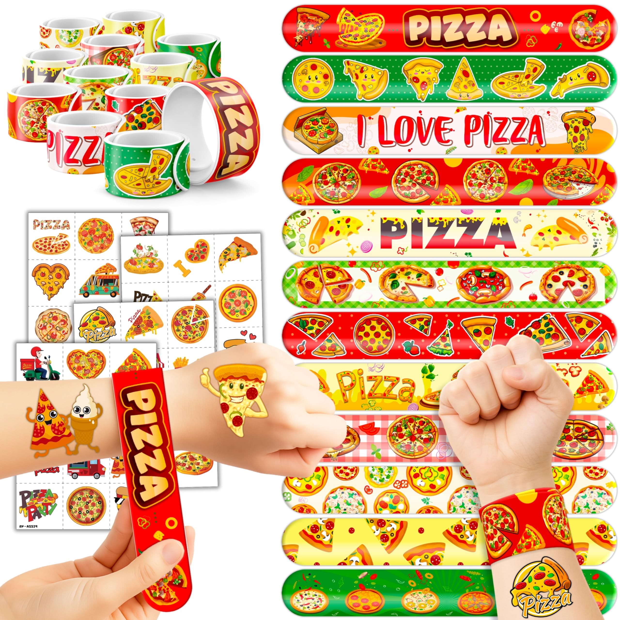 72PCS Pizza Party Set 48PCS Temporary Tattoos 24PCS Slap Bracelets Fun Food Themed Birthday Supplies, Baby Shower Gifts, Classroom Rewards & Party Decor for Kids Boys & Girls