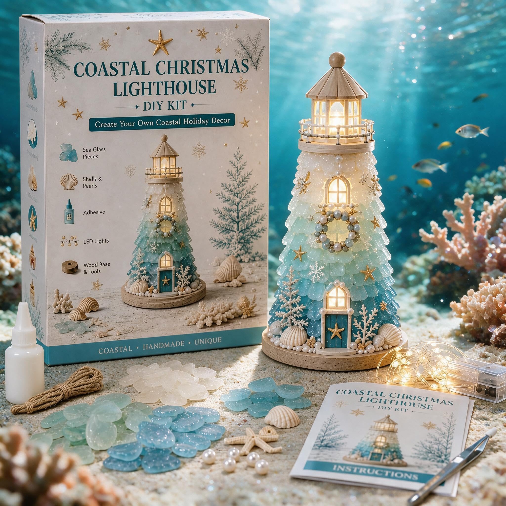 Sea Glass Lighthouse DIY Craft Kit, Acrylic LED Lighted Coastal Decor