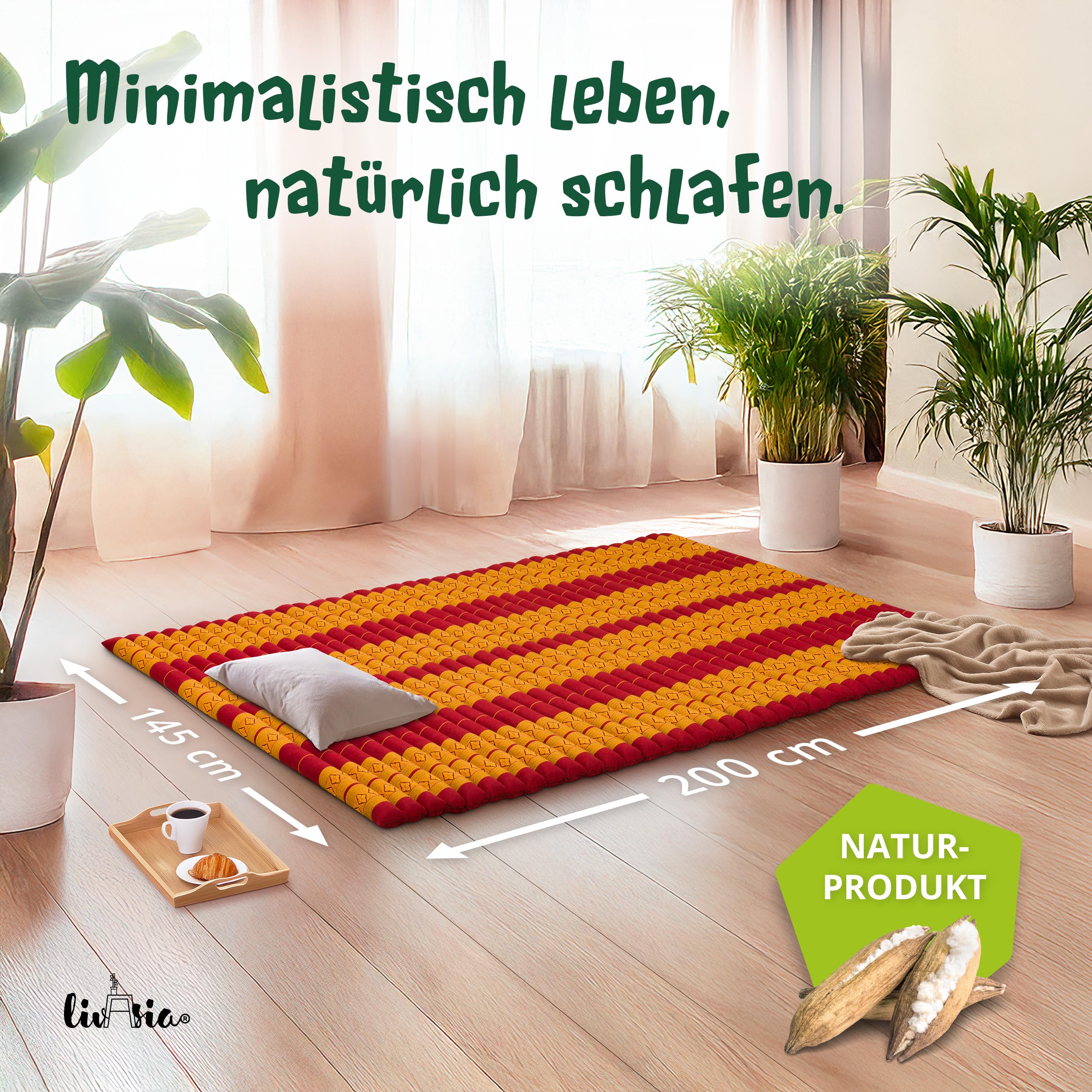 livasia Rollmatte Rollmatratze L-200x110x4,5cm, Gästebett Gästematratze 1 Person, Reisebett Kofferraum Outdoor, Thaimatte Kapok, Garten Balkon handgefertigt rubinrot