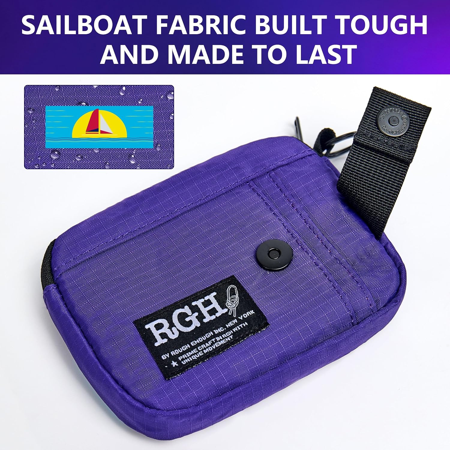 Rough Enough Card Holder Wallet Purple Water Resistant Sailboat Fabric RFID Blocking Zipper Pouch with Neck Lanyard Keychain Carabiner for Travel Outdoor