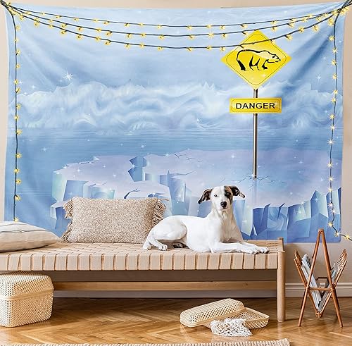 Miniatura 8 de Lunarable Tapiz de invierno tamaño King, letrero de peligro de oso polar en iceberg ártico norte nevado ilustración agrietada, colcha colgante de