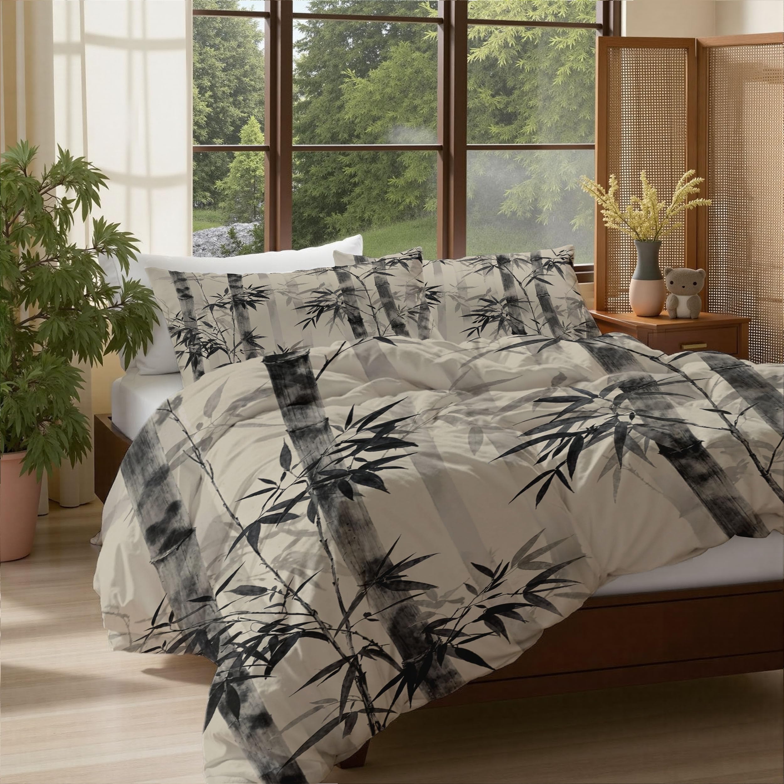 Housse de couette 140x200 microfire grise imprimé bambou