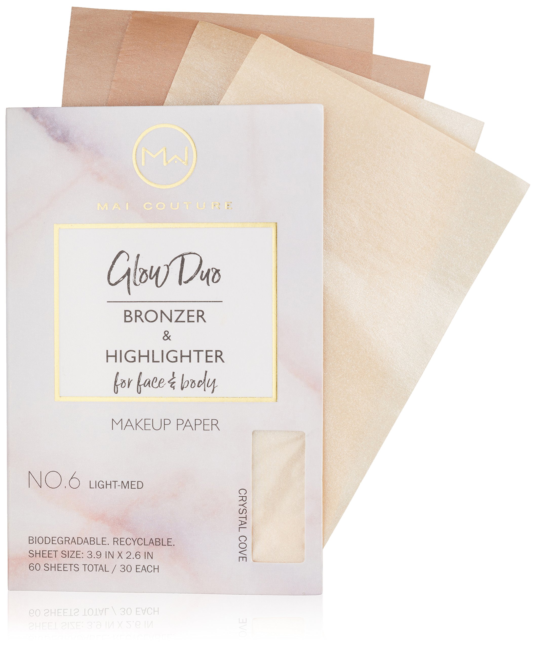 Mai Couture Blotting Paper Glow Duo Bronzer & Highlighter On-The-Go MakEUp, Suitable For Face & Body, Recycleable | (30 Sheets Each) No.6 Light-Med