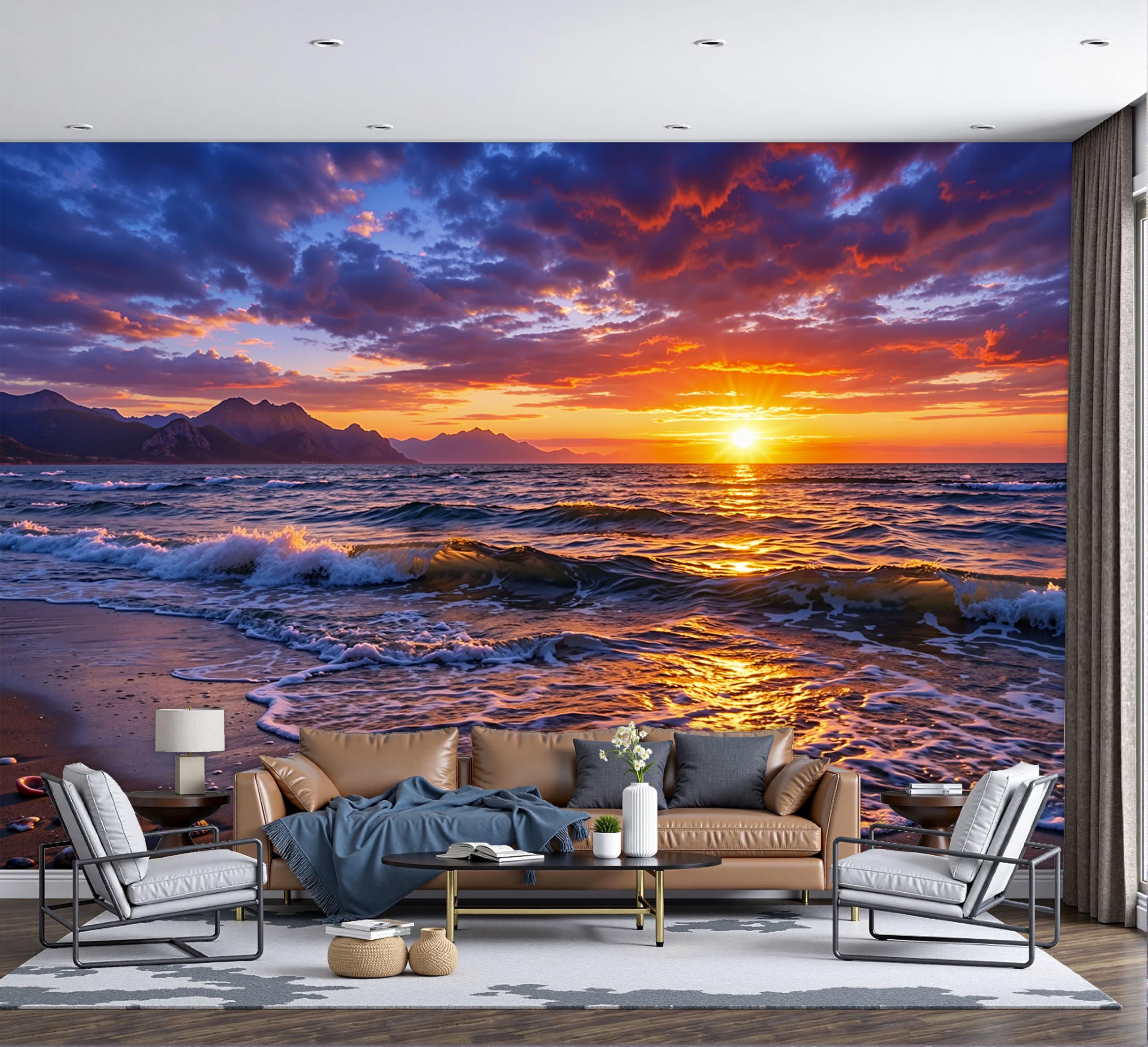 Papier peint panoramique en soie décor paysage côtier coucher de soleil rouge 400x280