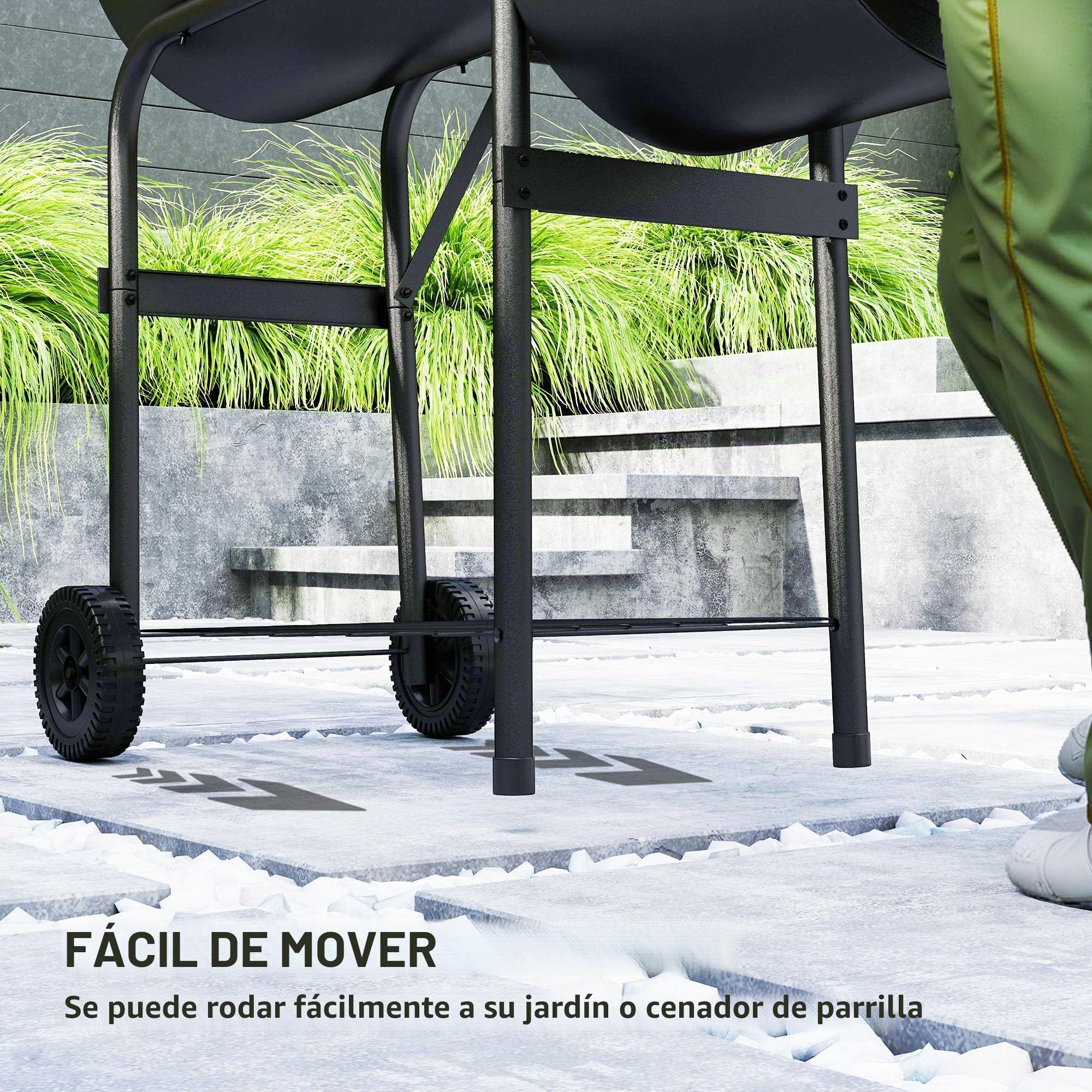 Outsunny Barbacoa de carbón Chimenea, Estante lateral plegable, Negro | Rejilla calentadora, estante inferior, tapa, termómetro, ruedas, Cocina al aire libre Jardín Fiesta