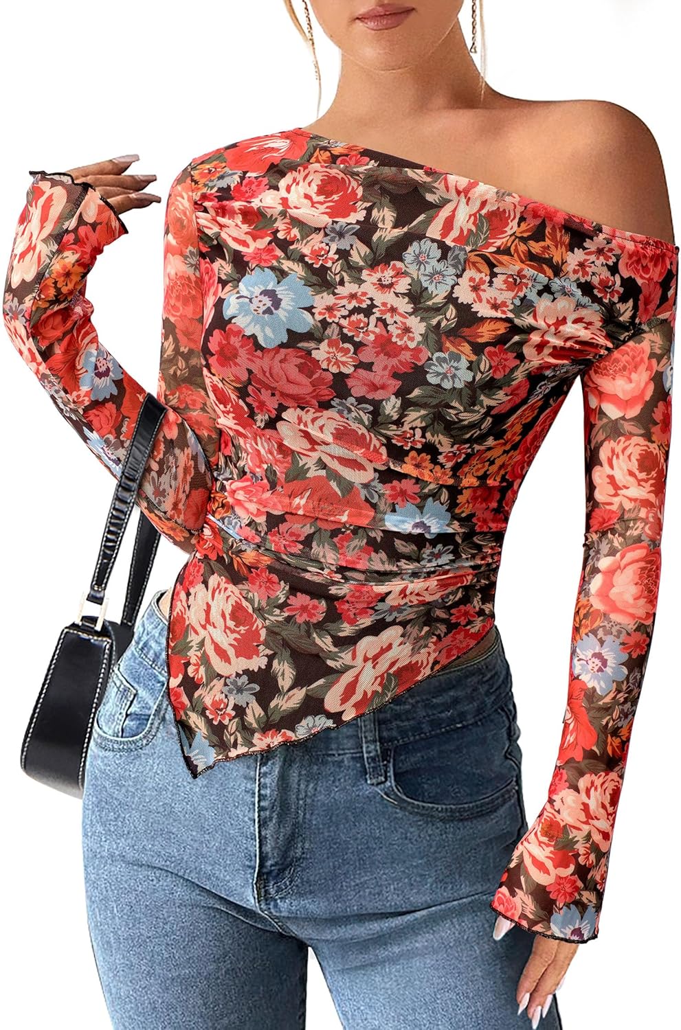 PRETTYGARDEN Womens Fall Trendy Off Shoulder Y2k Tops 2026 Tie Dye Mesh Long Sleeve Shirts Asymmetrical Ruched Floral Blouse