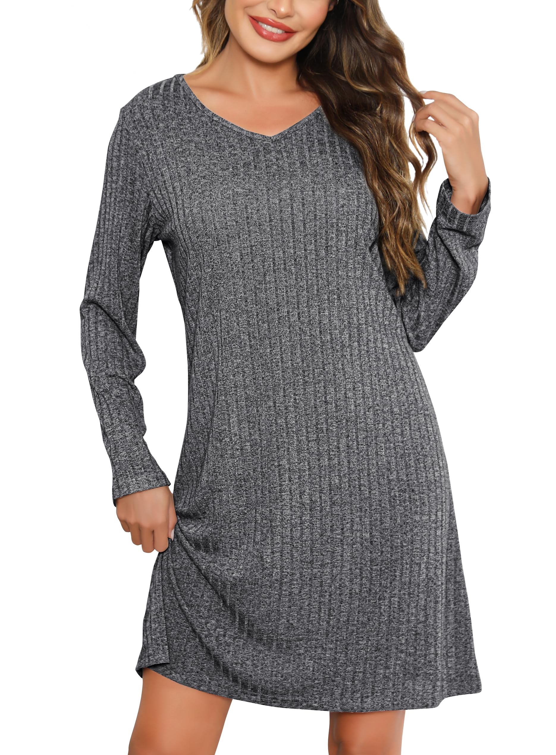 Lovasy Nachthemd Damen Langarm Schlafshirt V-Ausschnitt Rippenstrick Nachtkleid Kurz Loungewear Weich Nachtwäsche