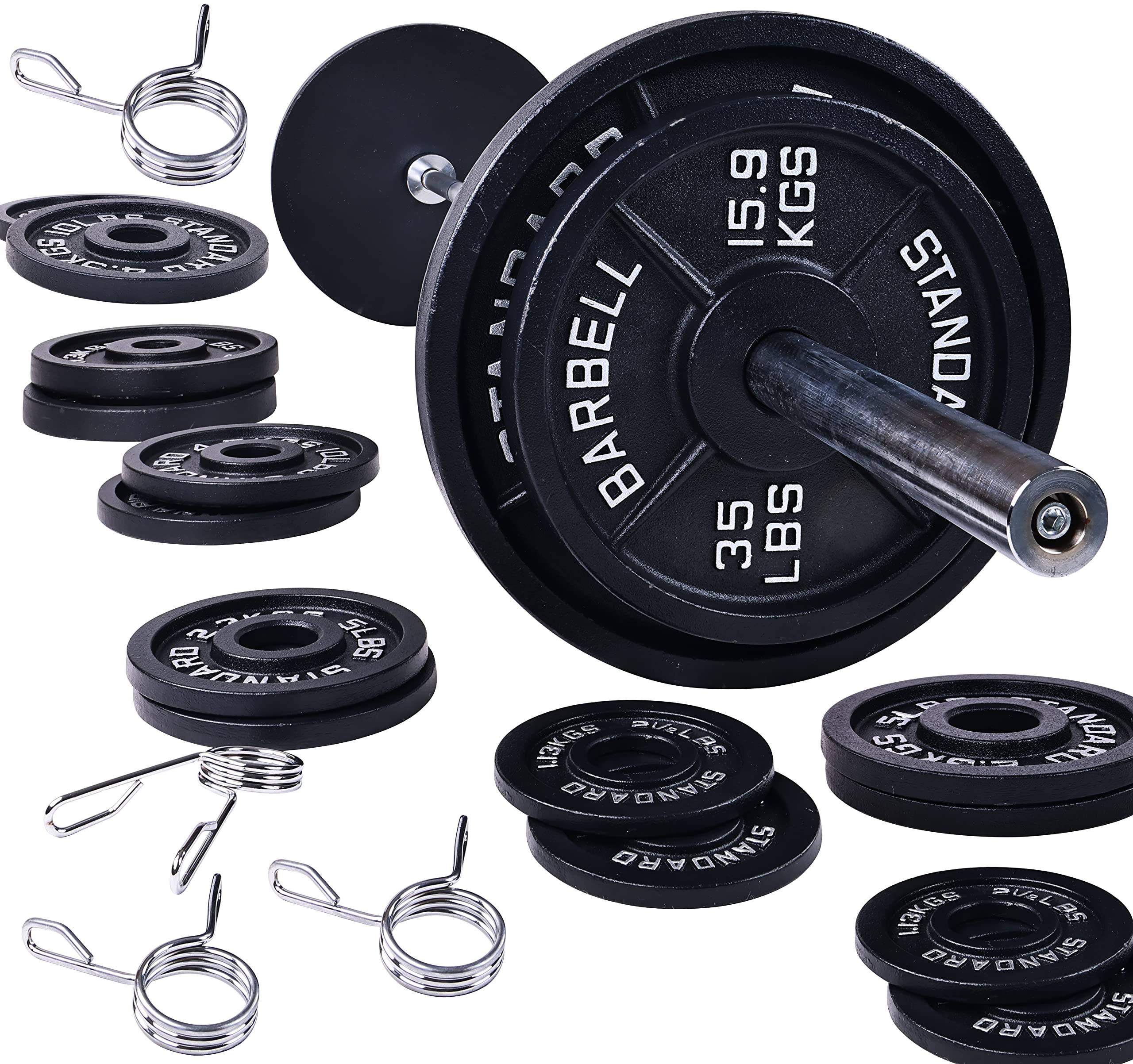 Signature Fitness Olympic 2-Inch Cast Iron Plate Weight Plate for Strength Training and Weightlifting, Optional 7FT Olympic Barbell Set, Multiple Sizes