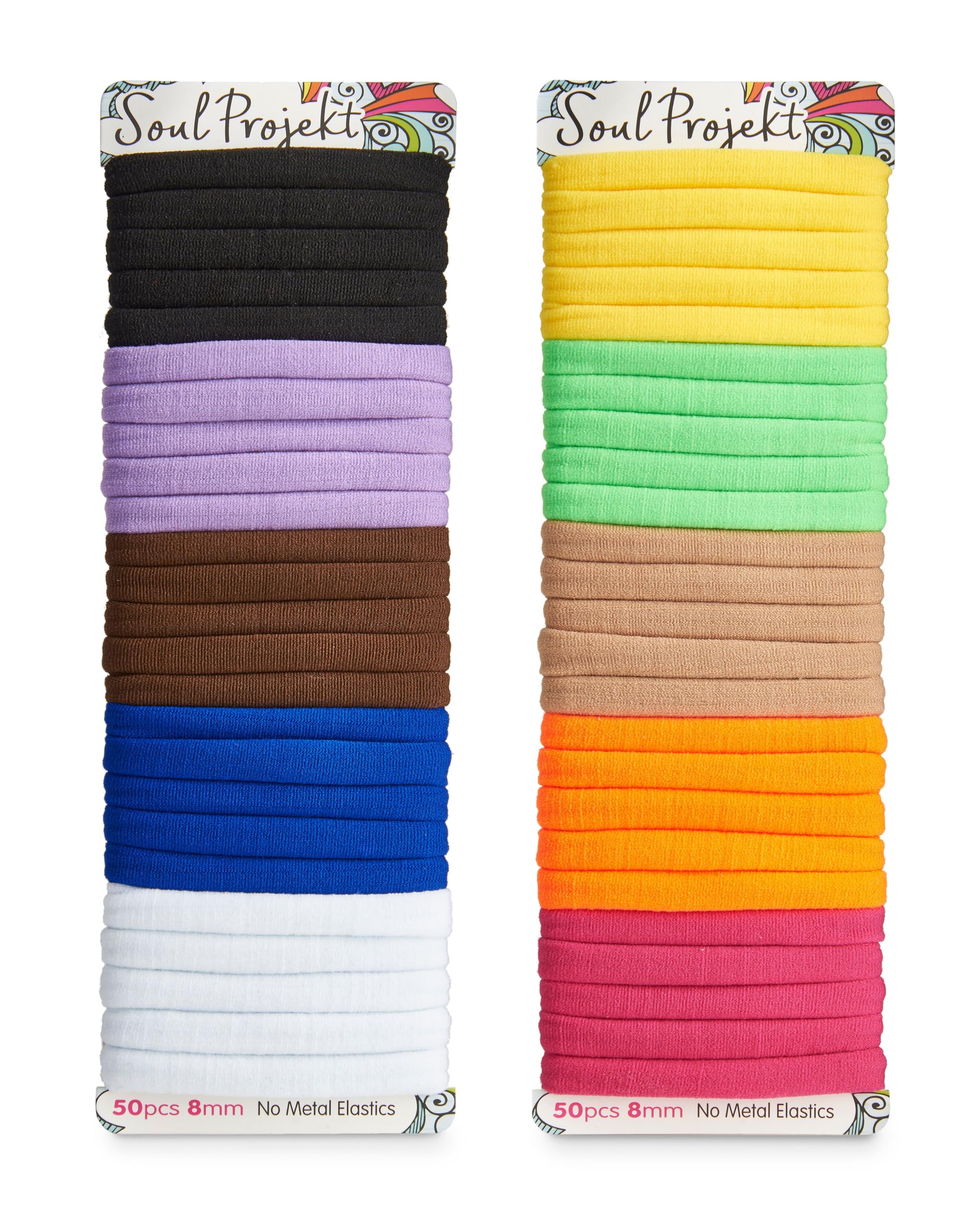 Soul Projekt Gomas Gruesas Multicolor Para el Pelo, de Tela, Pack de 50; 8mm, Gomas Para el Pelo Mujer y Hombre, Coleteros de Pelo para Trenzas, Resistente Accesorio, Sin Tirones, Coletas Perfectas