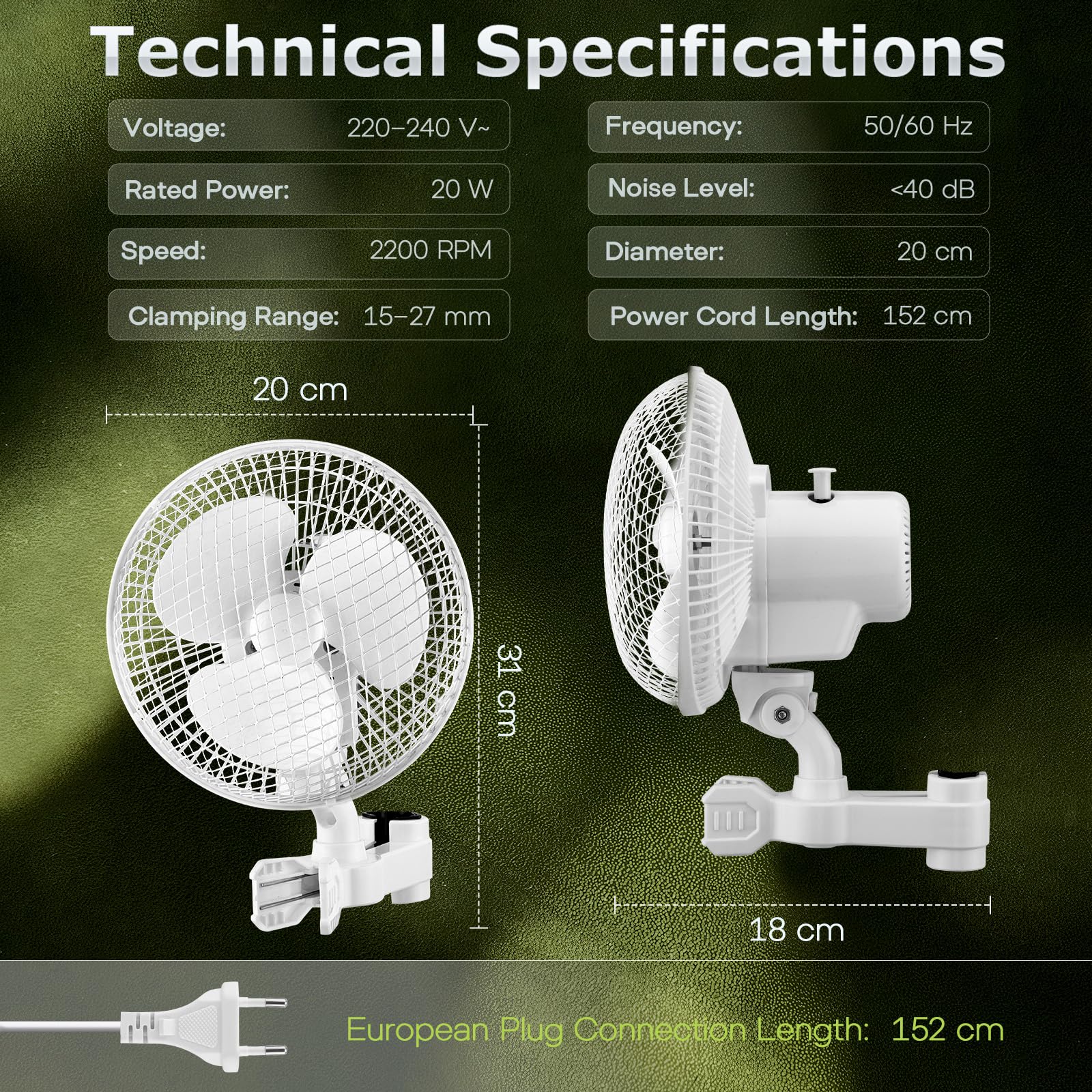 Grow Ventilator mit Clip 25W, Grow Ventilator Oszillierend mit 3 Geschwindigkeitsstufen, 2200 U/min, 20cm Klein Umluftventilator leise, ventilator für Growzelt, Zuhause im Schlafzimmer