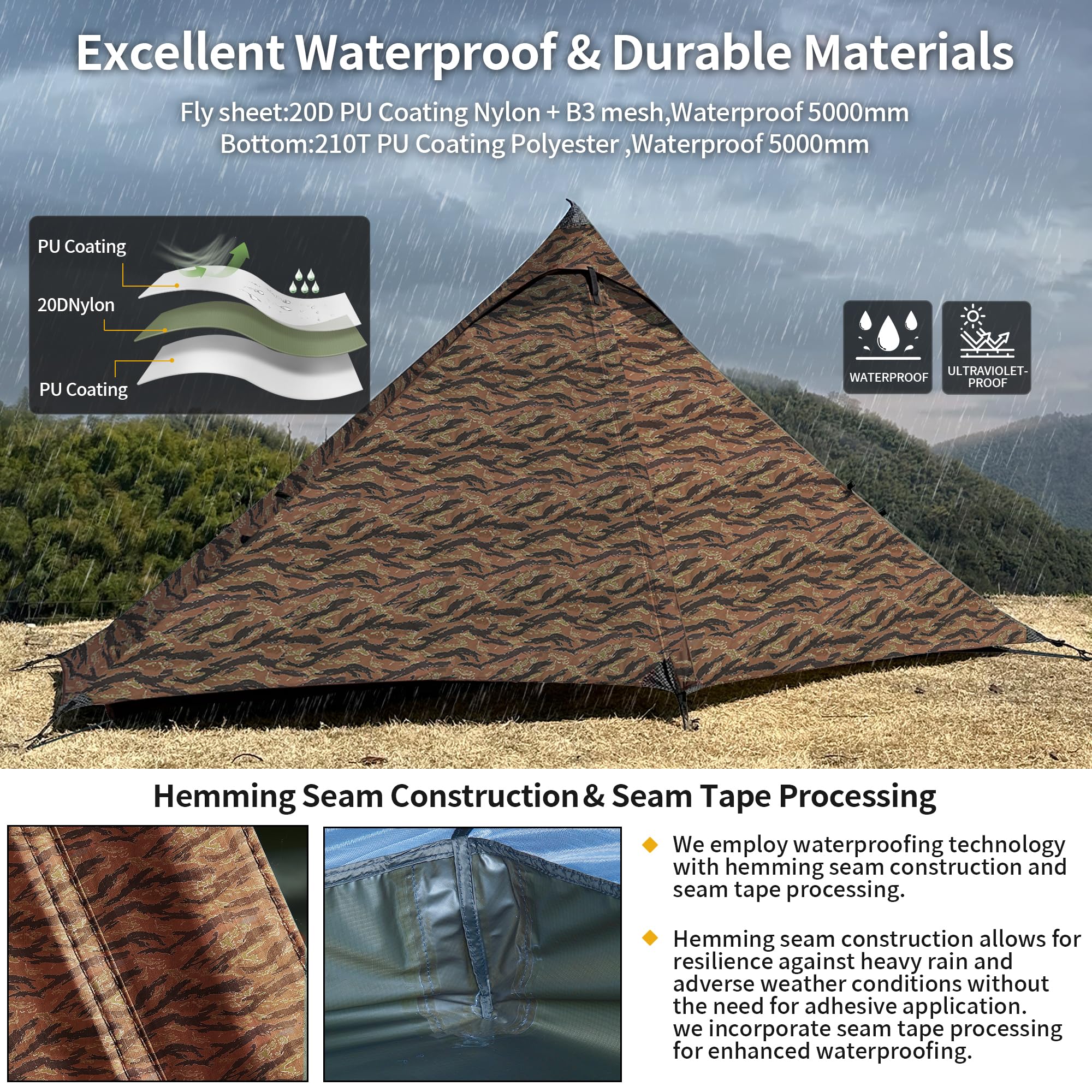 TENPLAY Ultralight Tent,1 Person,Backpacking Camping Tent,Trekking Pole Tent,4-Season,Lightweight,Nylon,Waterproof 5000mm,Compact,Easy Setup,Portable,Shelter for Camping,Hiking,Climbing.(Camouflage).