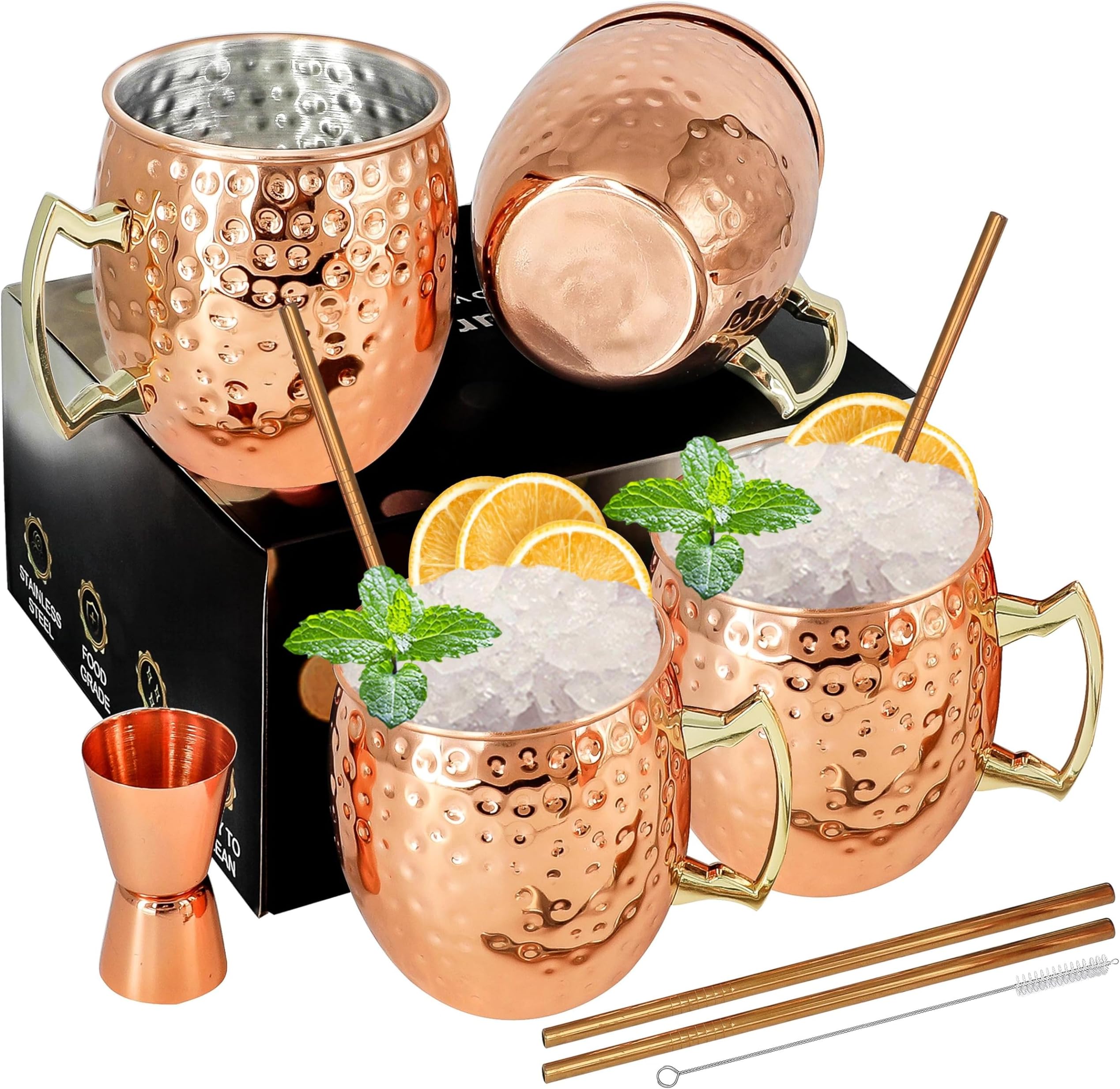 Moscow Mule Mugs Copper Mule Cup Kit 18oz Set of 4 with Handle Large Copper H...