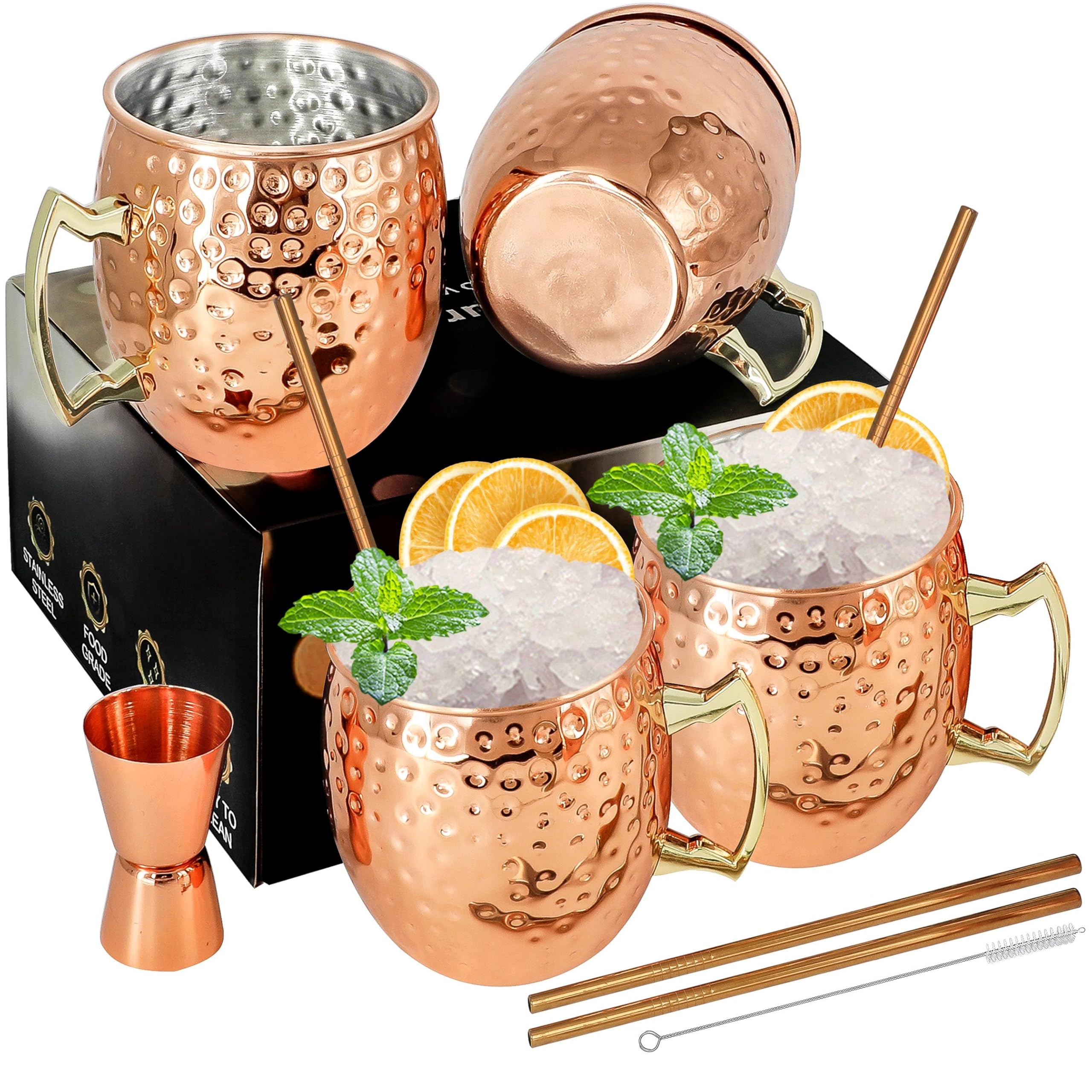 Moscow Mule Mugs Copper Mule Cup Kit 18oz Set of 4 with Handle Large Copper H...