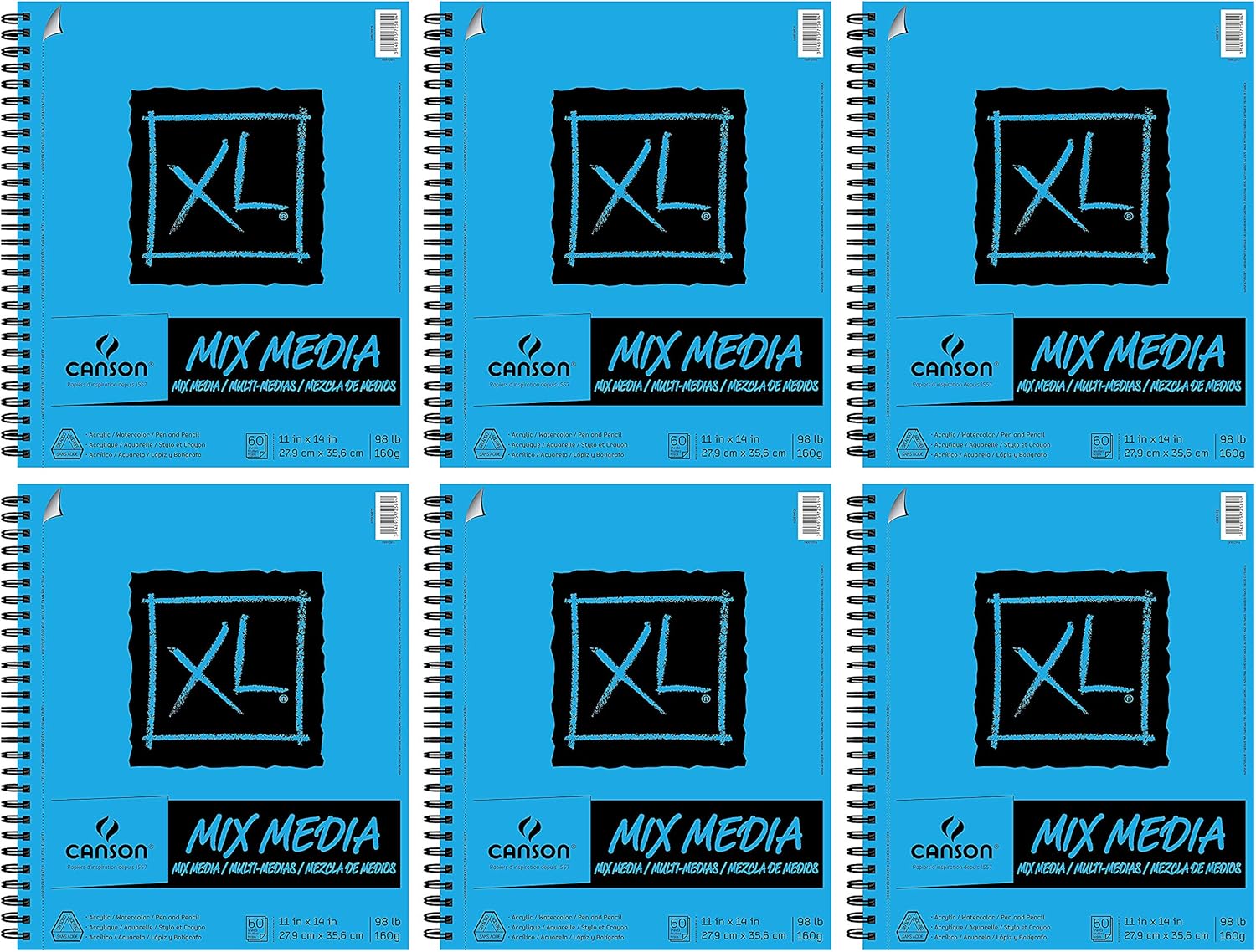 6-Pack Case - Canson XL Series Mix Media Paper Pad, Heavyweight, Fine Texture, Side Wire Bound, 98 Pound, 11 x 14 Inch, 60 Sheets Per Pad