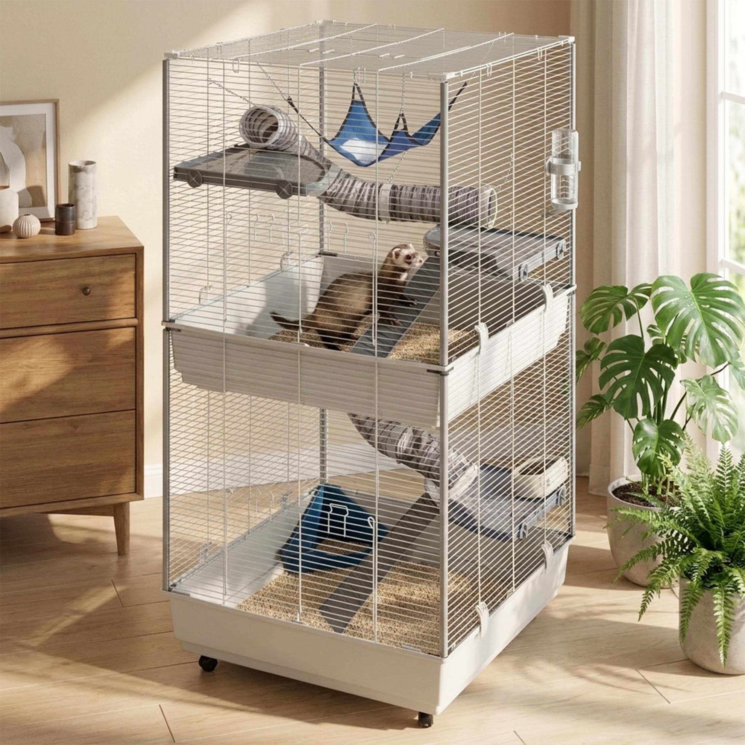 Ferplast Jaula para Hurones FURET Tower, Estructura Vertical en Varios Pisos, Ruedas y Accesorios incluidos, Alambre Pintado Gris y plástico, 75 x 80 x h 161 cm