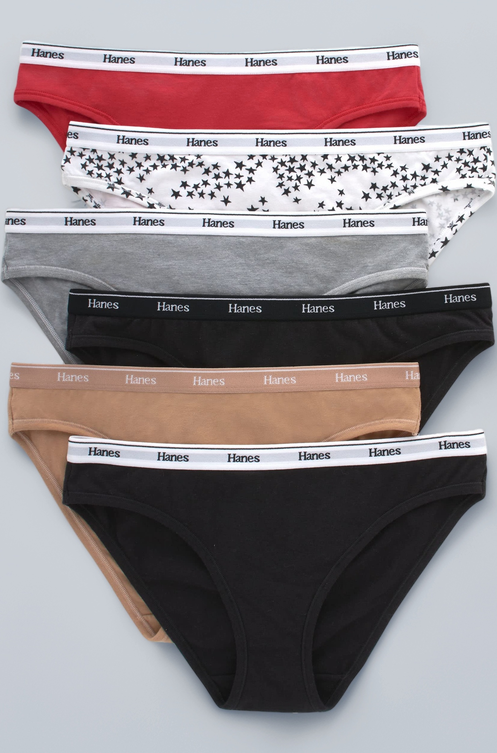 Hanes Originals 6 Pack Women's Cotton Stretch Knickers, Assorted Colours Basic Briefs (Pack of 6)