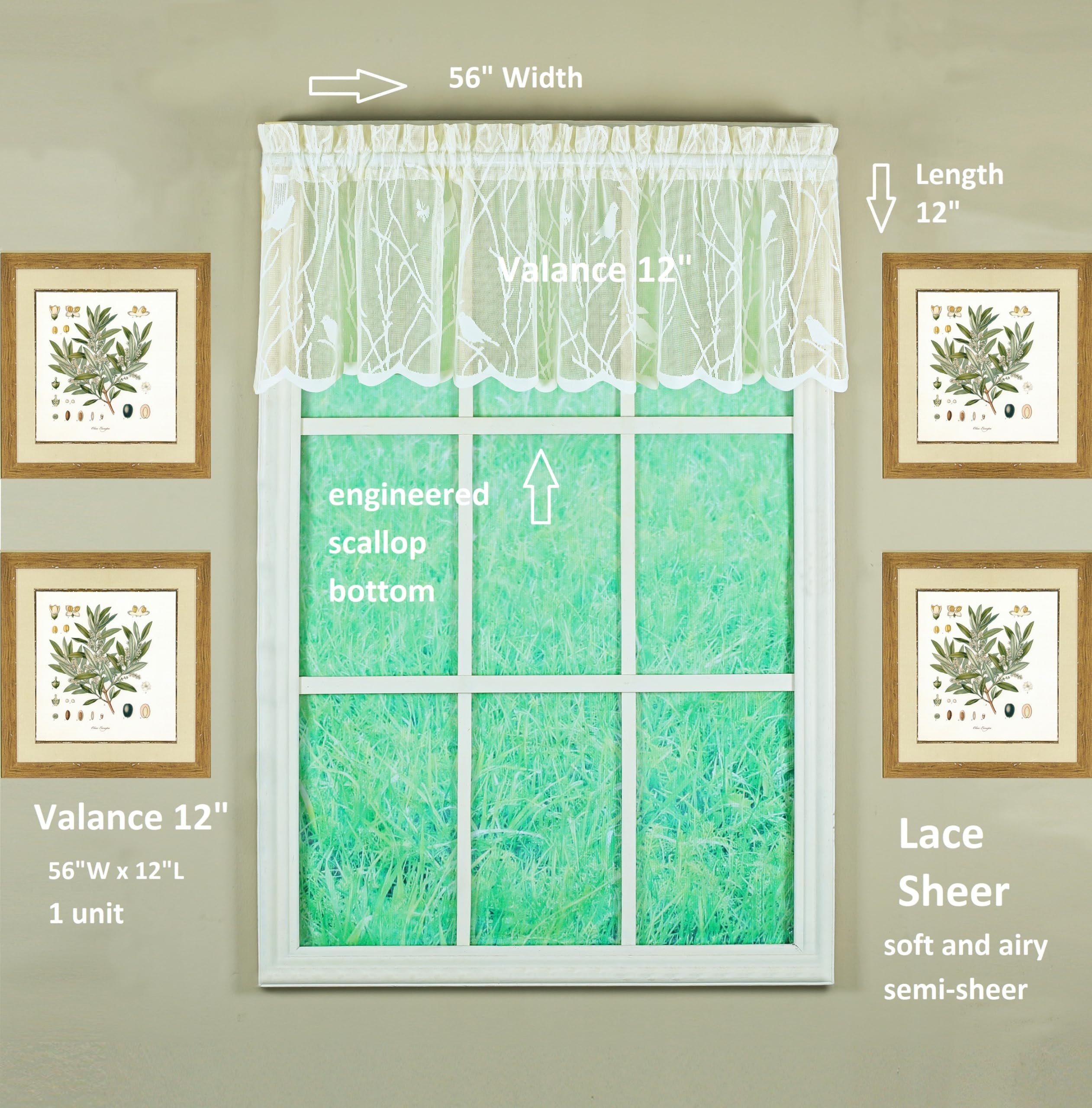 Today's Curtain, Songbird Semi-Sheer Lace Valance 12", Ivory, 56" W x 12" L, W 56" x L 12" (1 Panels) - Image 2