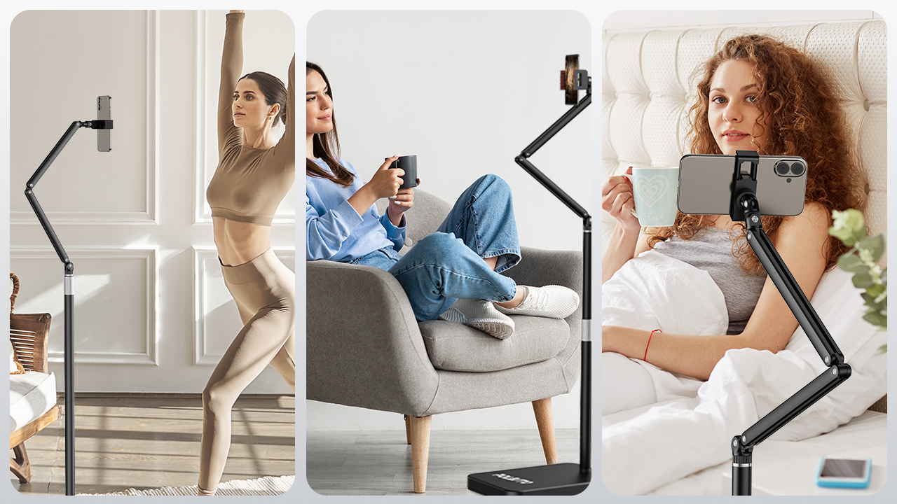 POLESTO Tablet-Ständer Bodenständer mit 4.8KG massivem Metallfuß, höhenverstellbar, ausziehbarer Arm für Bett-Überkopfnutzung, Universal für iPad mini/Air/Pro, Kindle, Switch, Galaxy Tab, Handys