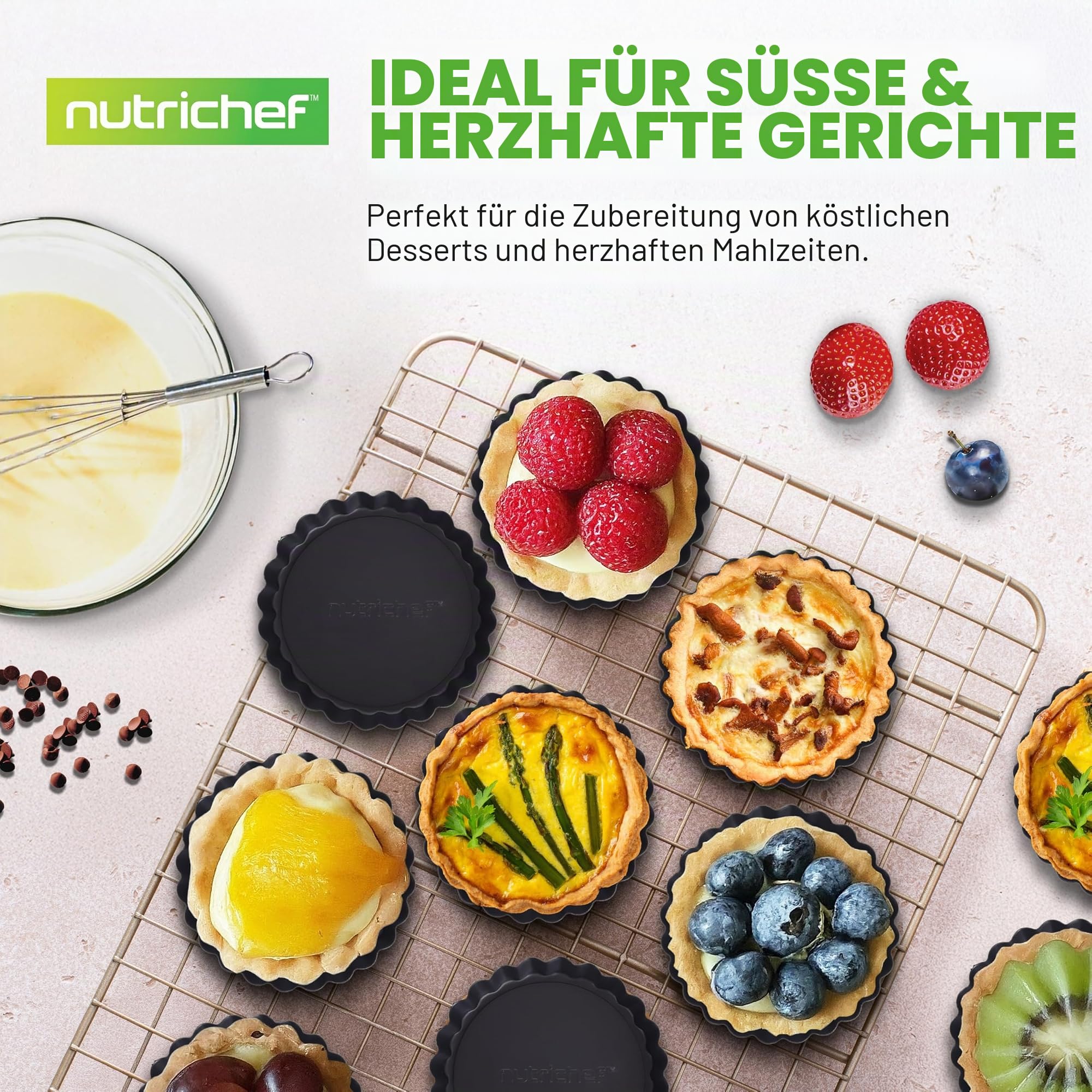 Nutrichef Tarteform Set – 10 Mini Tartelette Förmchen Ø10 cm mit Hebeboden aus Carbonstahl Antihaft Backform Rund, Inkl. 200 Backpapier Rund, Quicheform Spülmaschinen und Ofenfest