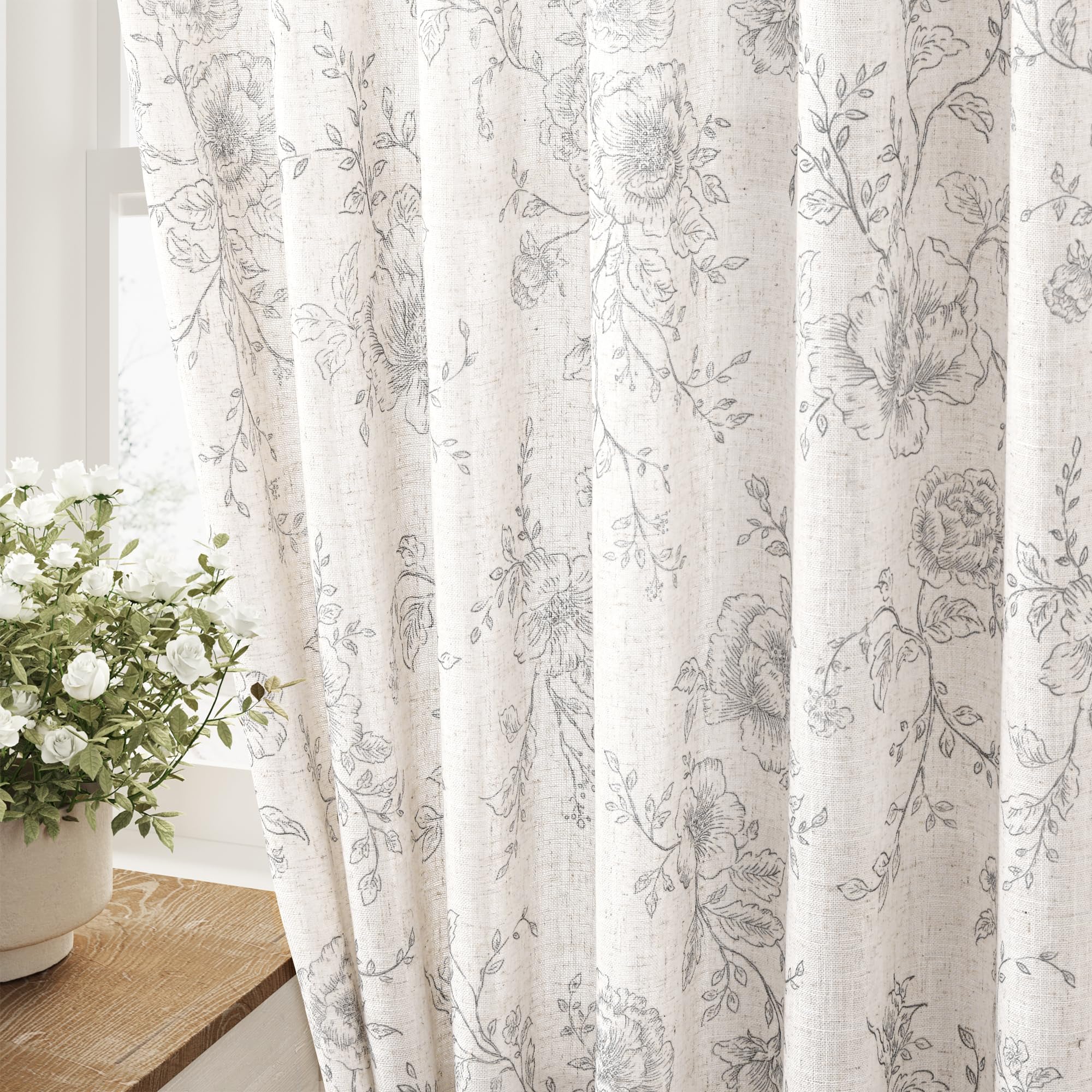 Rideaux vintage gris en toile de jute fleurie 243 cm pour salon