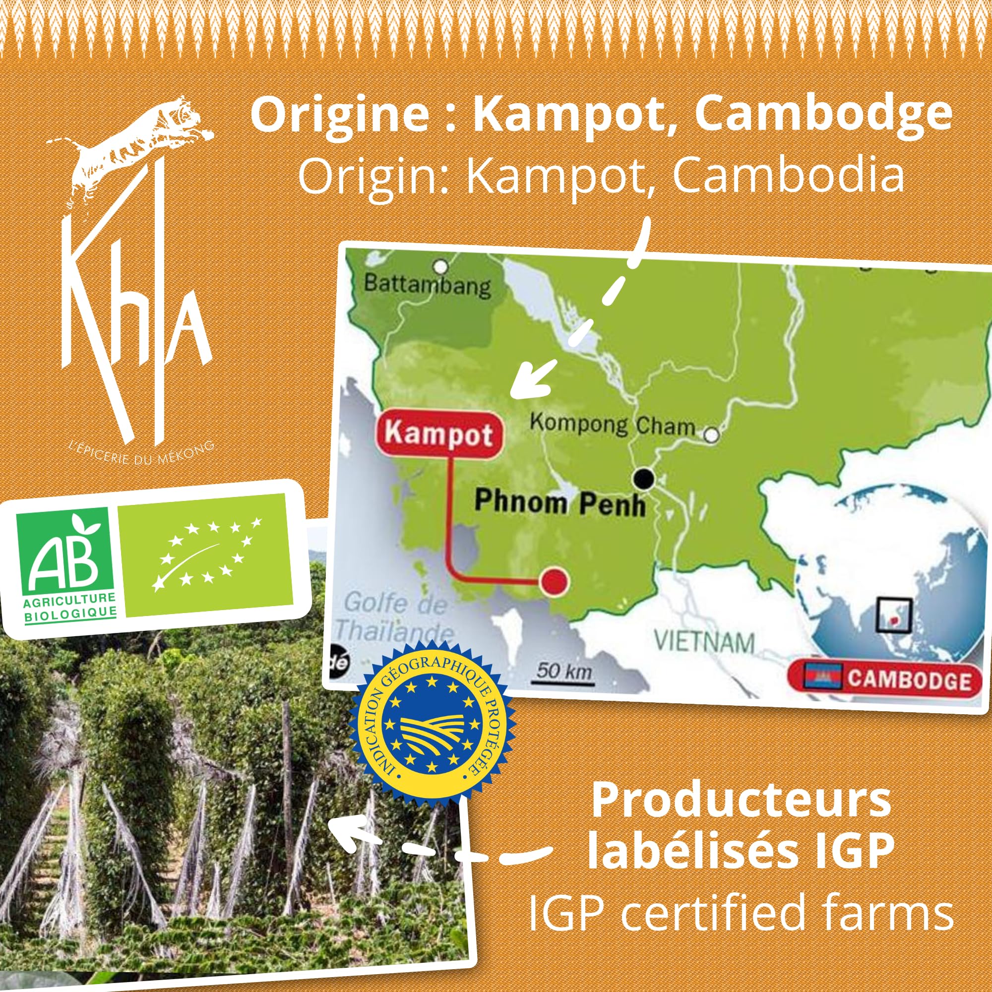 Khla - Pepe bianco Kampot biologico - Bustina di pepe Vrac in grani 500g - Ricarica per macinino - Ingrediente da cucina - Direttamente dal produttore - Spezia asiatica - Origine Cambogia
