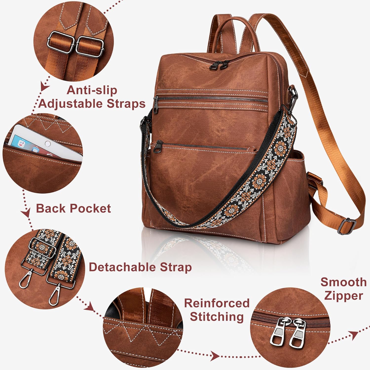 Backpack Purse for Women Pu Leather Travel Backpack Fashion Designer Shoulder Bag Ladies Convertible Handbags (Caramel) - Image 5