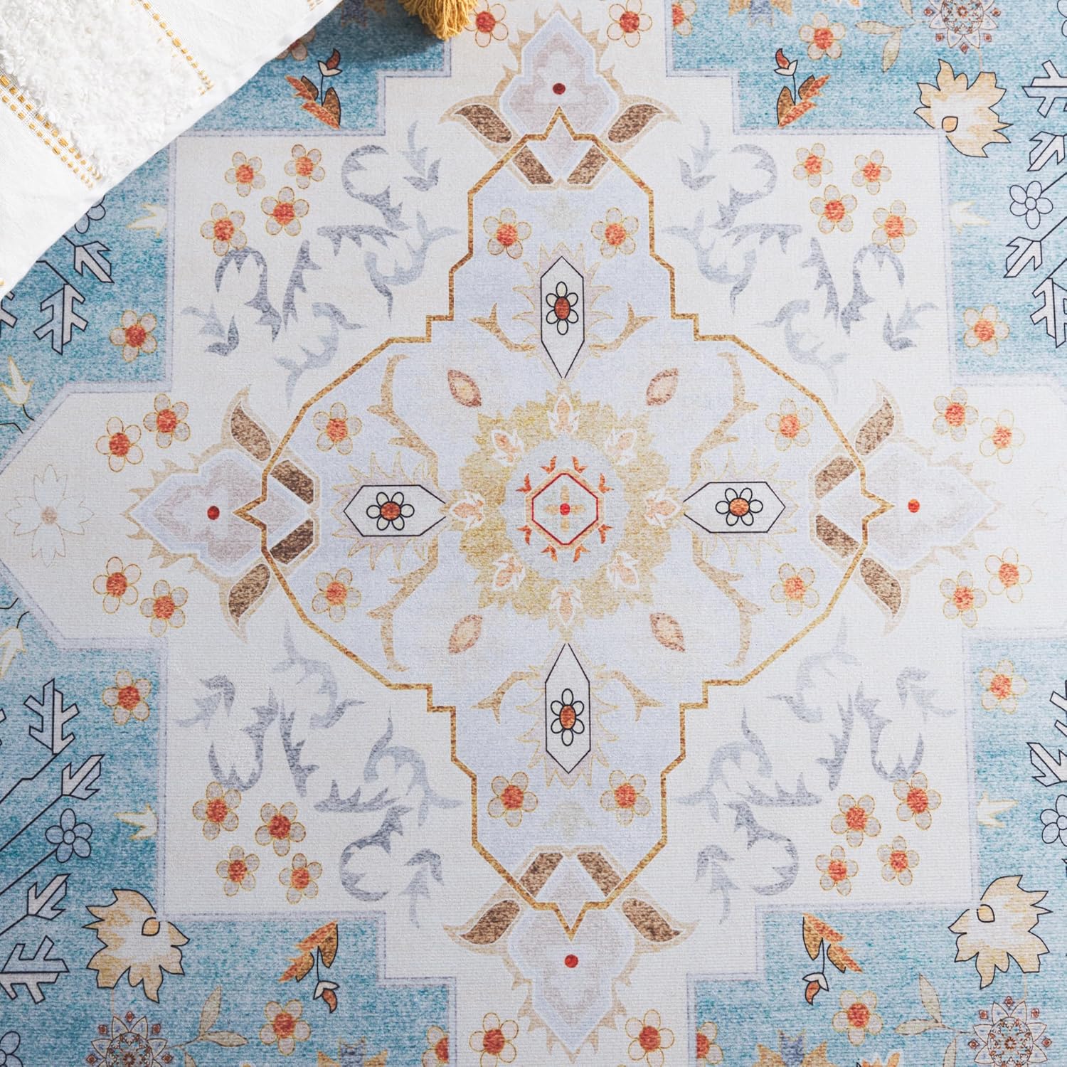 SAFAVIEH Washable Rug Tucson Collection - 5' x 8', Aqua & Light Blue, Slip Resistant & Easy to Clean, Ideal for Living Room, Bedroom, Dining Space (TSN105J)