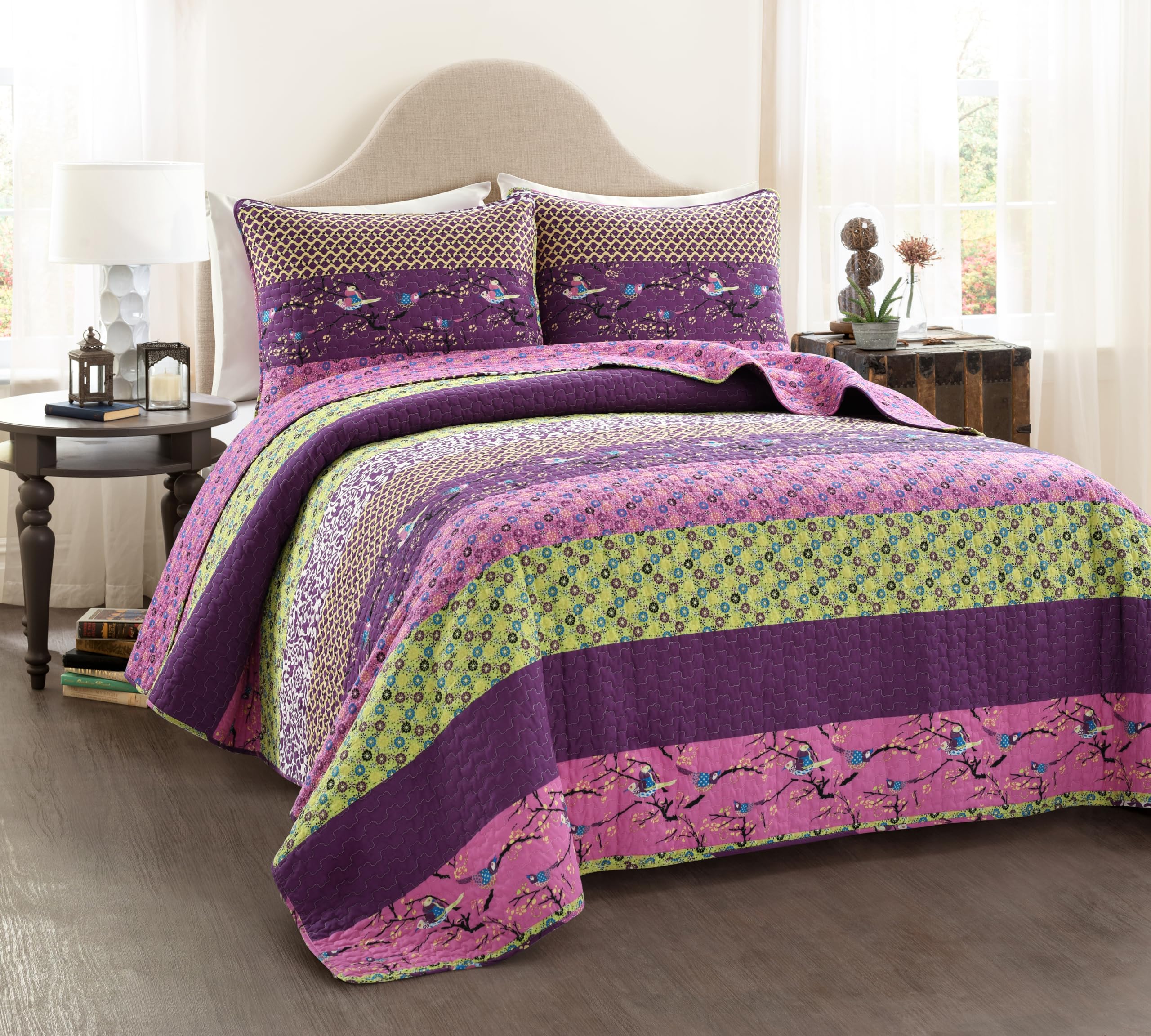 Lush Decor Royal Empire Reversible Cotton Quilt Set, 3 Piece Set Full/ Queen, Plum - Striped Bedding Set - Floral Quilt Queen Size - Purple Bedding - Boho Decor
