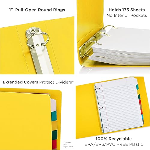 Miniatura 10 de Carpeta económica de 3 anillos redondos de 1 pulgada, con capacidad para 175 hojas, flexible, ligera, paquete de 4, apertura lateral, multicolor,