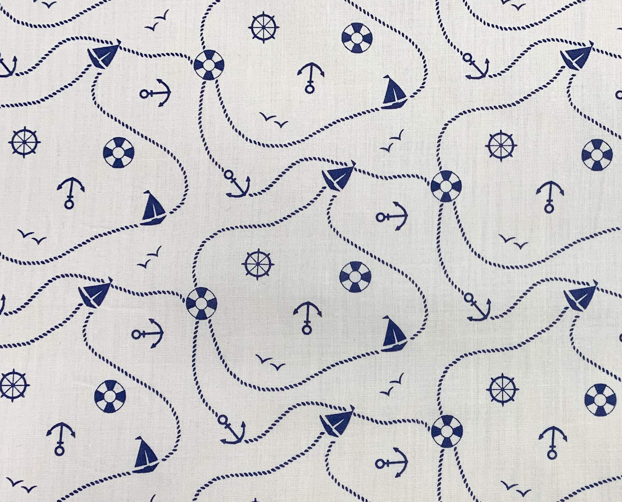 Empee Blue Polycotton Fabric - Cream & Navy Boats & Anchors Nautical Design - Fabric Craft Material Metre