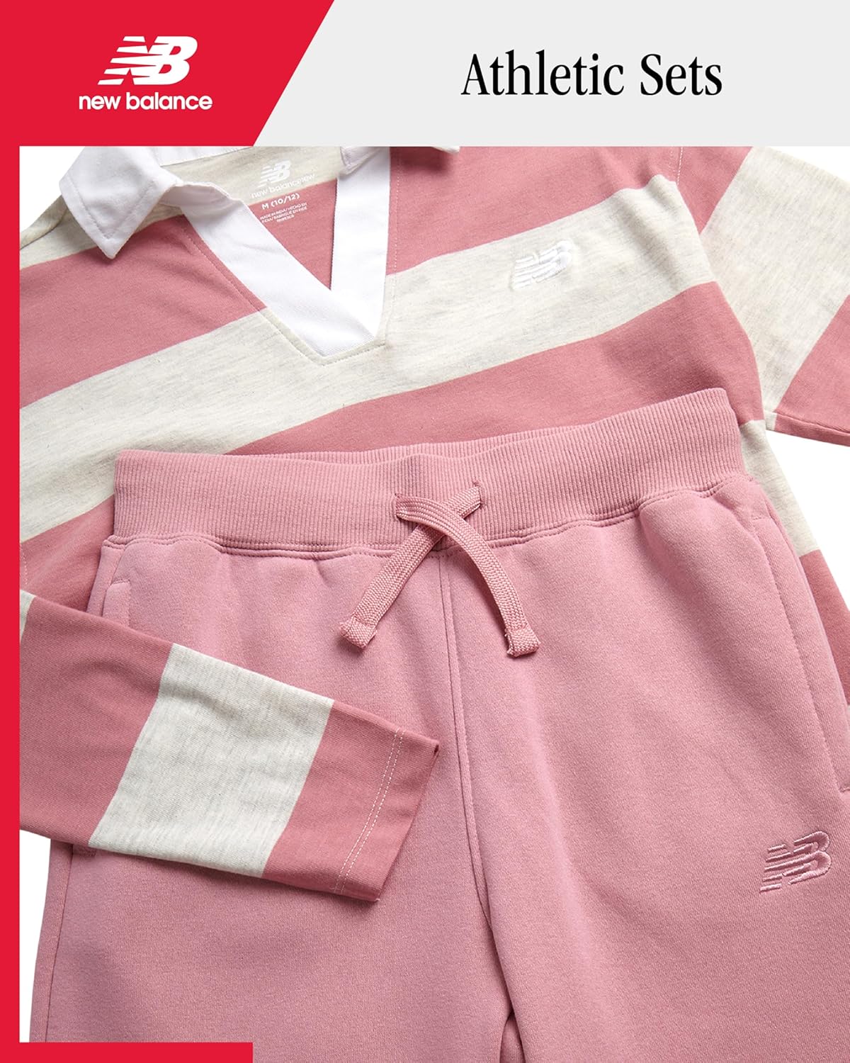 New Balance Girls Athletic Sets - 2 Piece Soft Cotton Jersey Long Sleeve Top and Fleece Flare Pants with Pockets (Size: 7-16) - Image 2