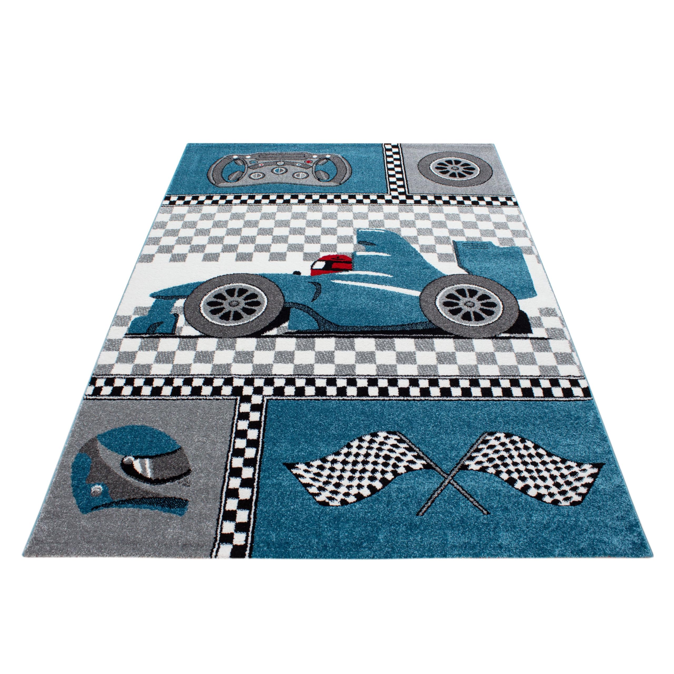 HomebyHome Kinderteppich Autorennen Motiv Blau 140x200 cm Großer Teppich fürs Kinderzimmer Weich & Ideal für kleine Autofans