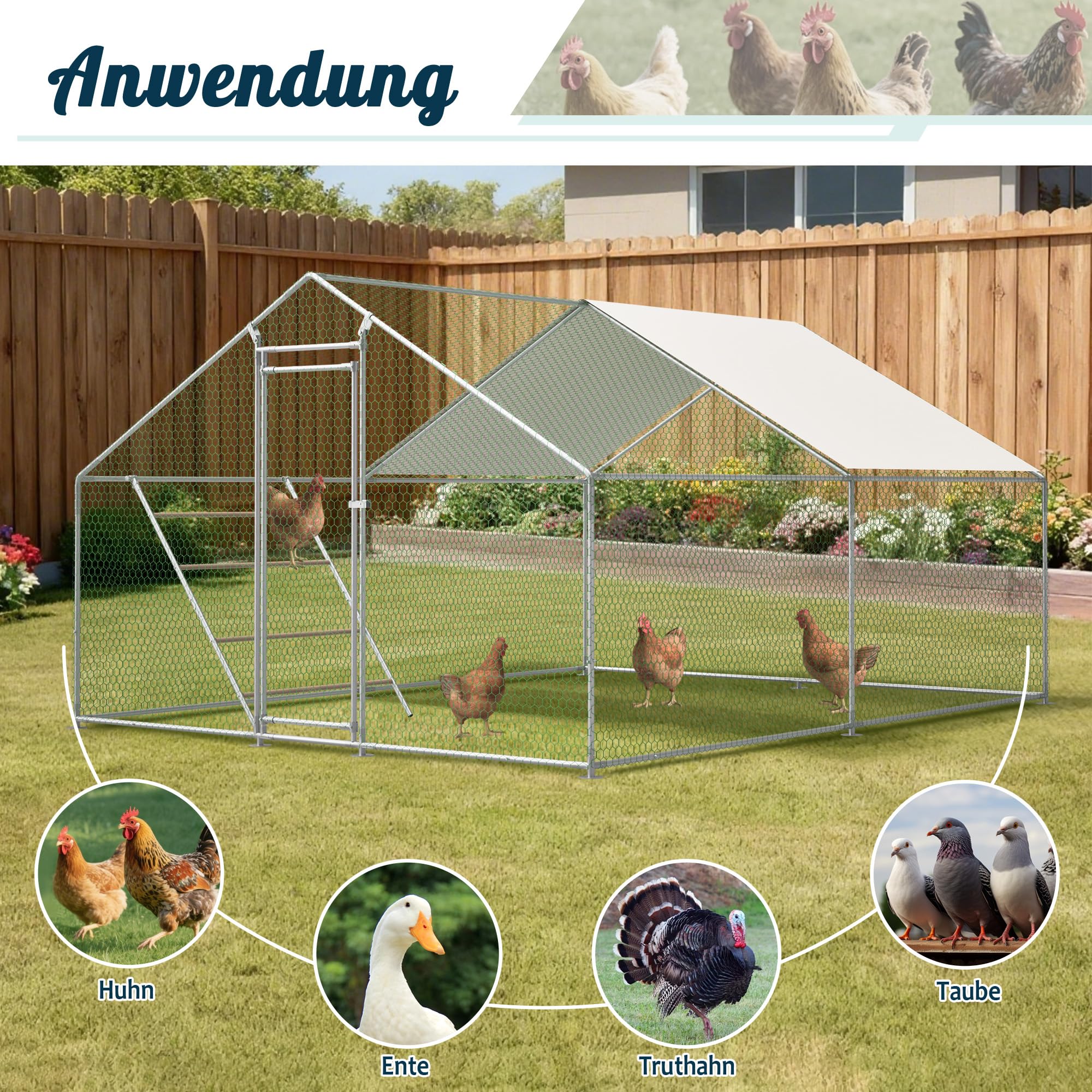 Gallinero de 3x4 m con Percha y Cierre de Seguridad - Lona Impermeable con protección UV, Tubos de Acero Reforzados de 1 mm, Conexiones Antideslizantes - Ideal para gallinas, Palomas, Patos y Pavos.