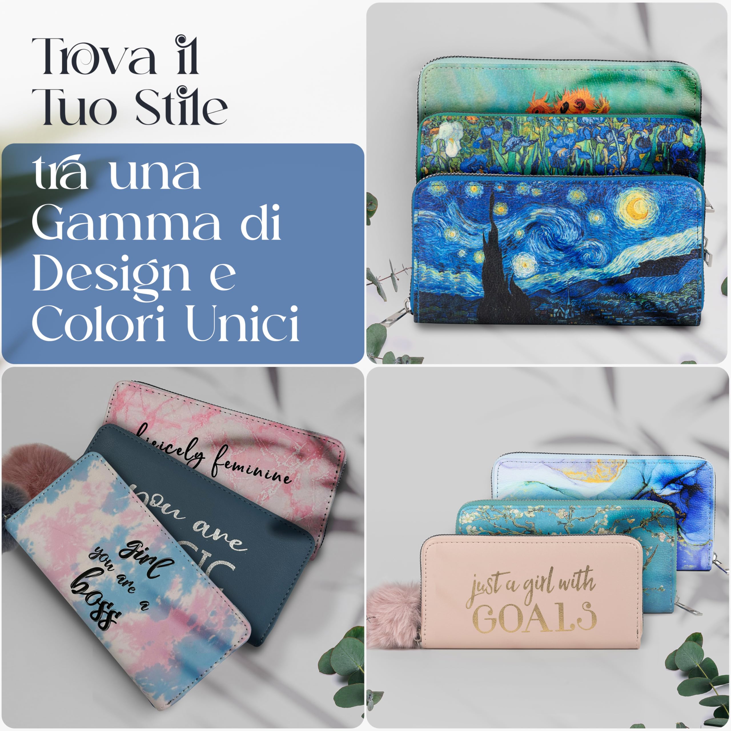 Portafoglio Donna Grande in Morbida Pelle Sintetica con Portamonete e 12 Slot per Carte e Tessere | Elegante Borsellino con Zip, Stampa Notte Stellata