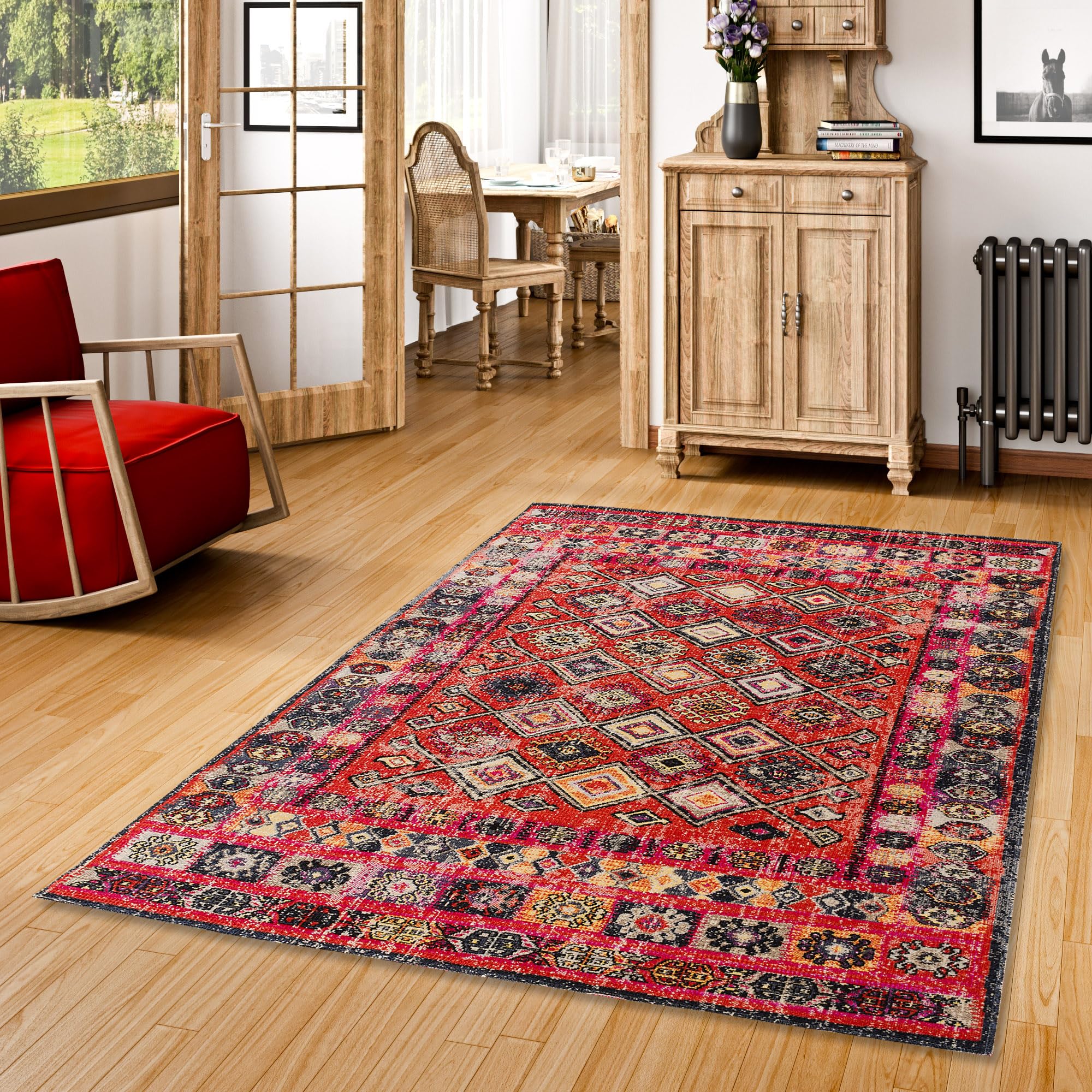Pergamon Vintage Zoe - Tapis de Designer - Orient Moderne Bordure Rouge - 5 Tailles