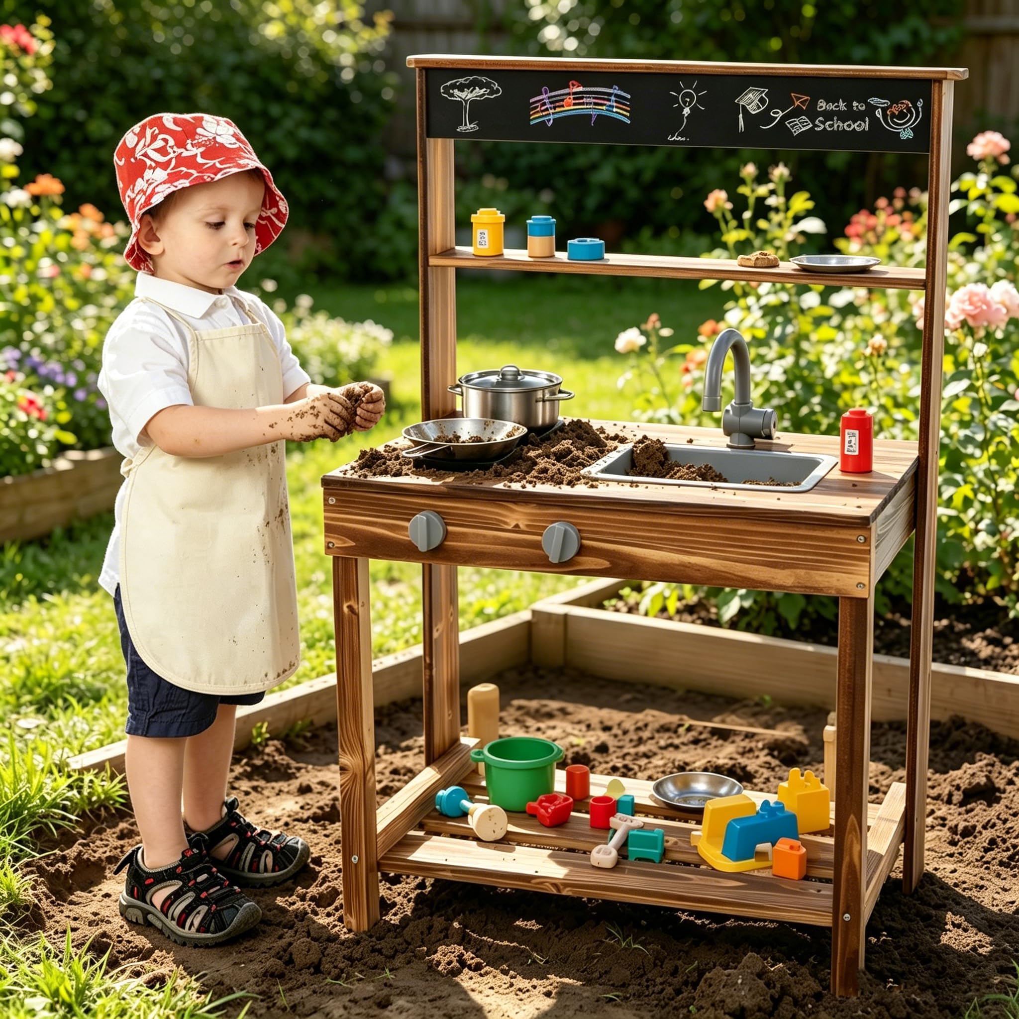 Costzon Mud Kitchen, Outdoor Play Kitchen with Stoves, Sink & Faucet, Blackboard, Cooking Accessories, Storage Shelf, Wooden Kids Kitchen Playset, Mud Kitchen for Kids Outdoor